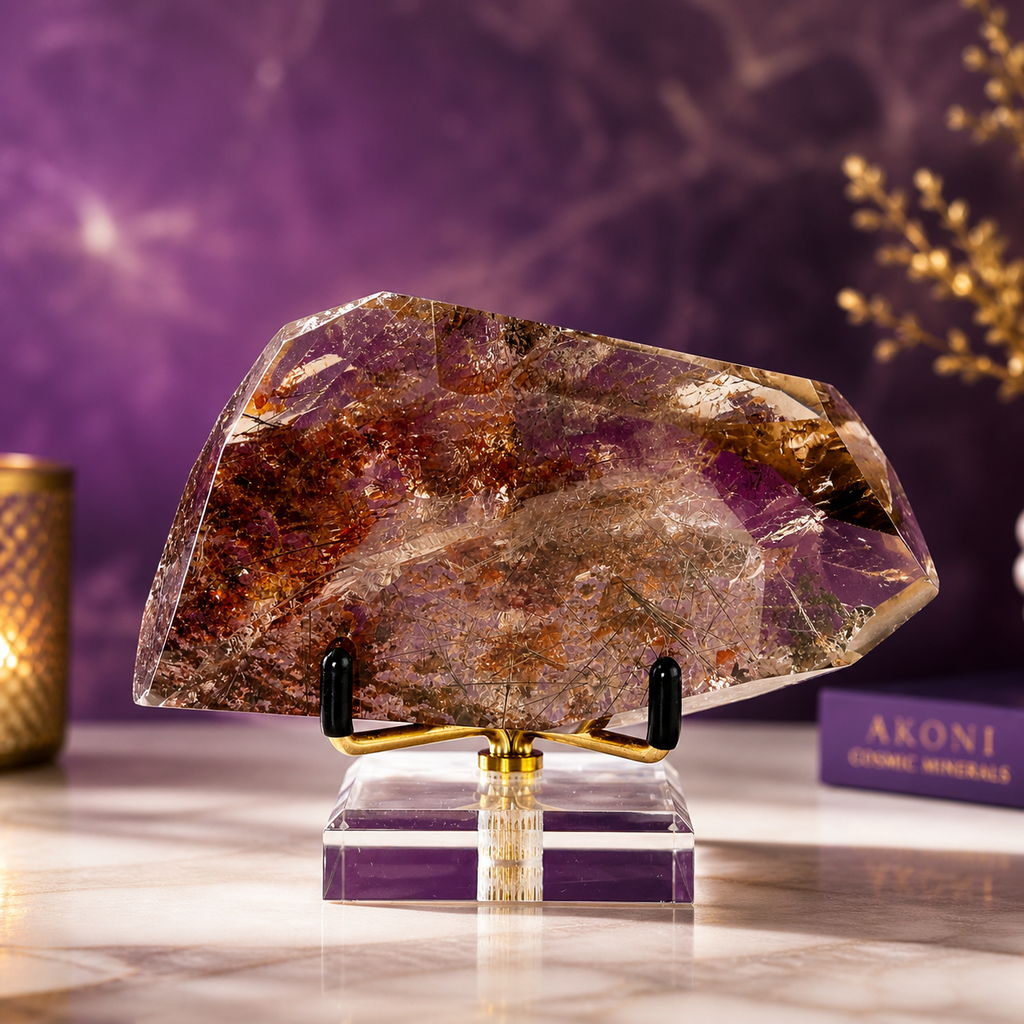Black Rutile Garden Quartz Free Form on Gold Stand | Lodolite Quartz Collector Display Specimen