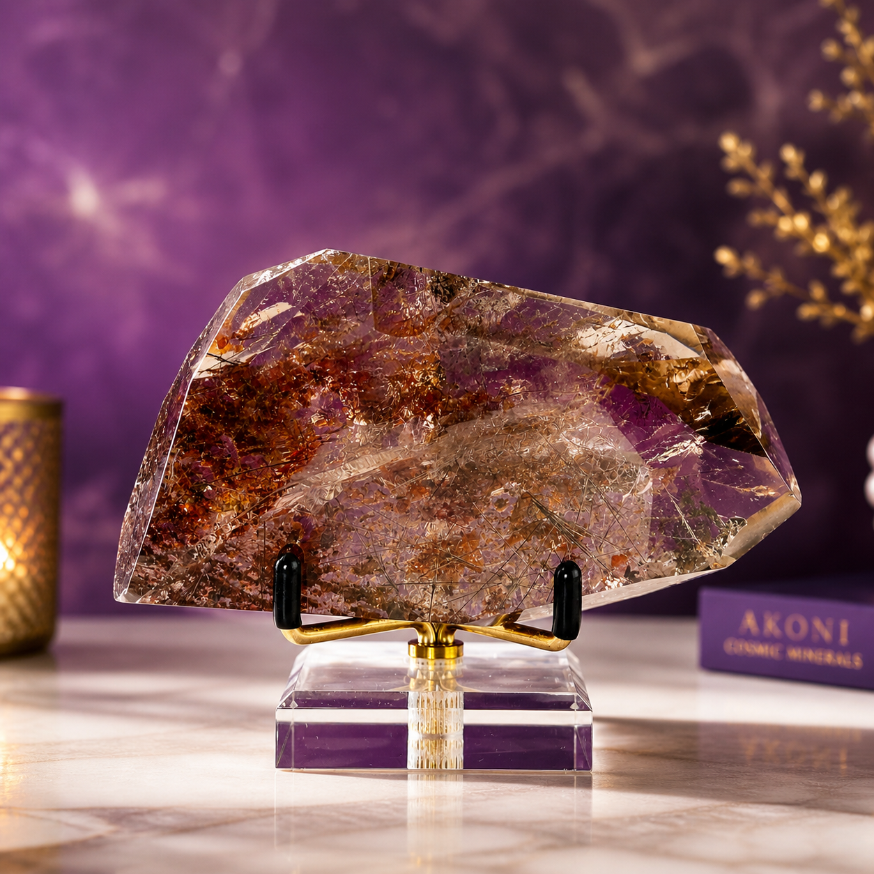 Black Rutile Garden Quartz Free Form on Gold Stand | Lodolite Quartz Collector Display Specimen