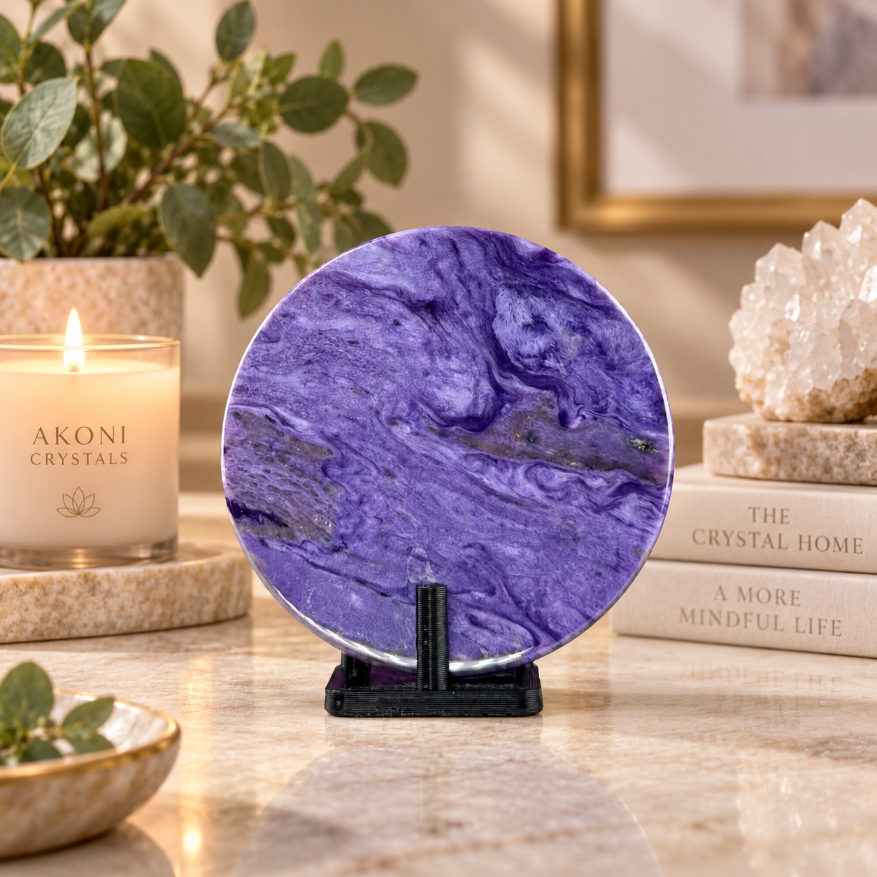 41g: Charoite Disc with Stand | Russian Charoite | Purple Crystal – 41g