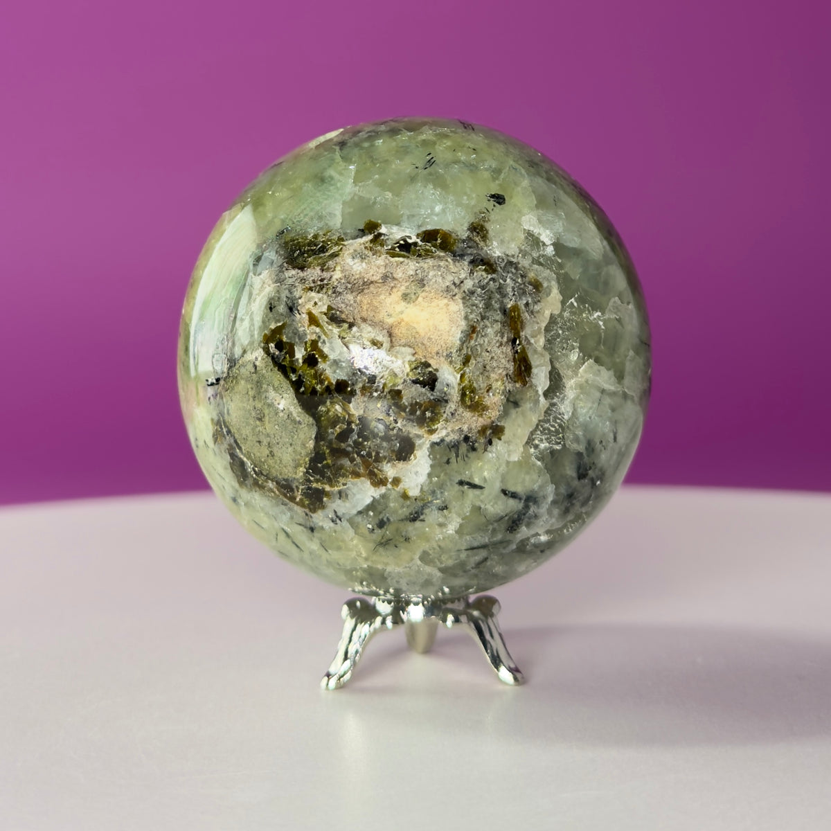 Prehnite Sphere with Stand 259g | Healing Crystal Ball | Heart Chakra Stone | Home Decor Gift