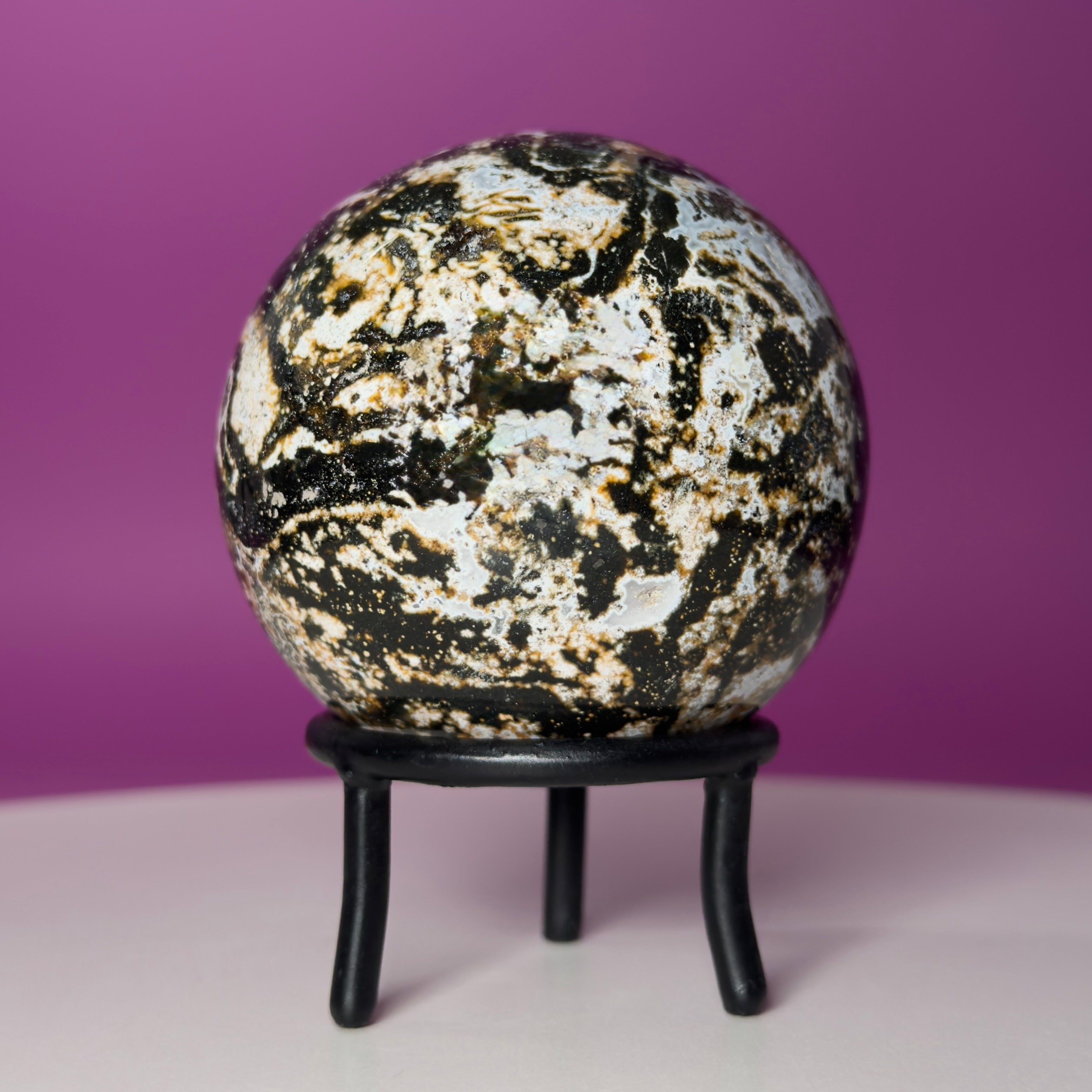 Sea Jasper Sphere on Black Wrought Iron Stand | Collector Display