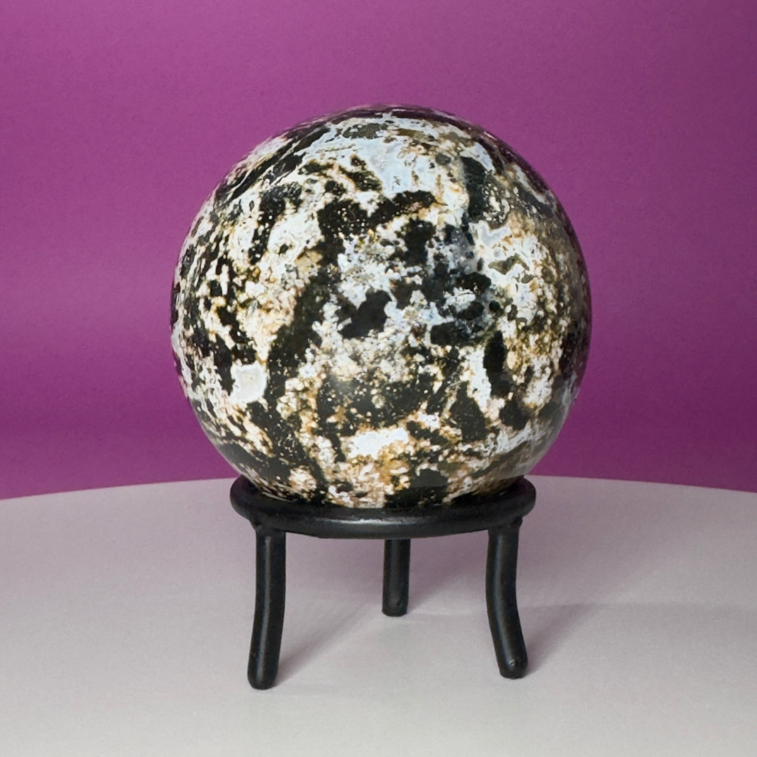 Sea Jasper Sphere on Black Wrought Iron Stand | Collector Display