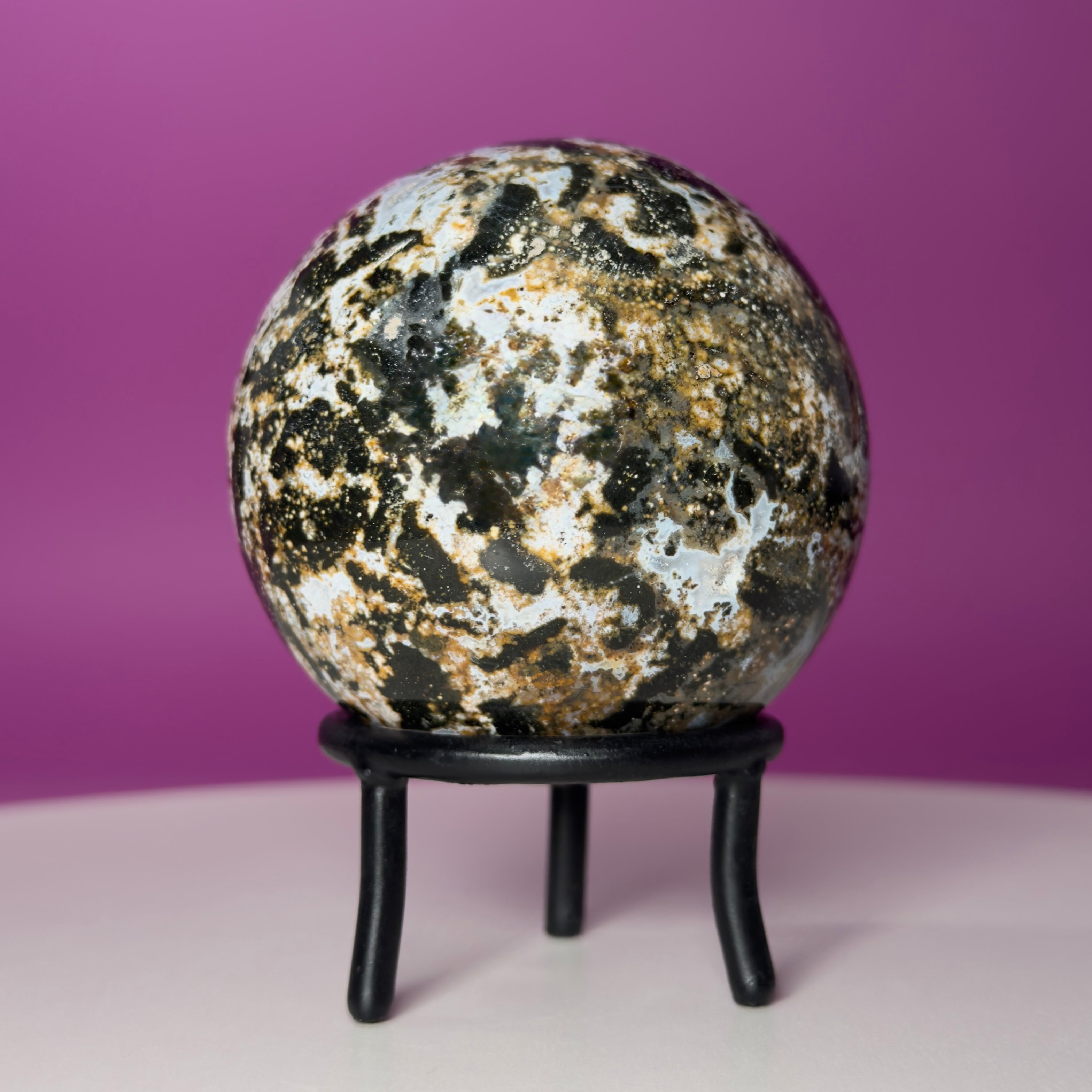 Sea Jasper Sphere on Black Wrought Iron Stand | Collector Display