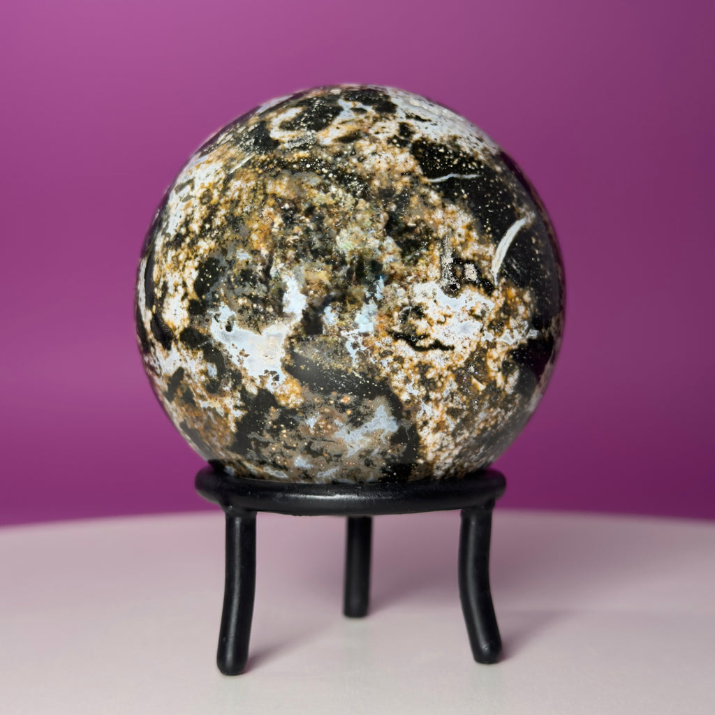 Sea Jasper Sphere on Black Wrought Iron Stand | Collector Display