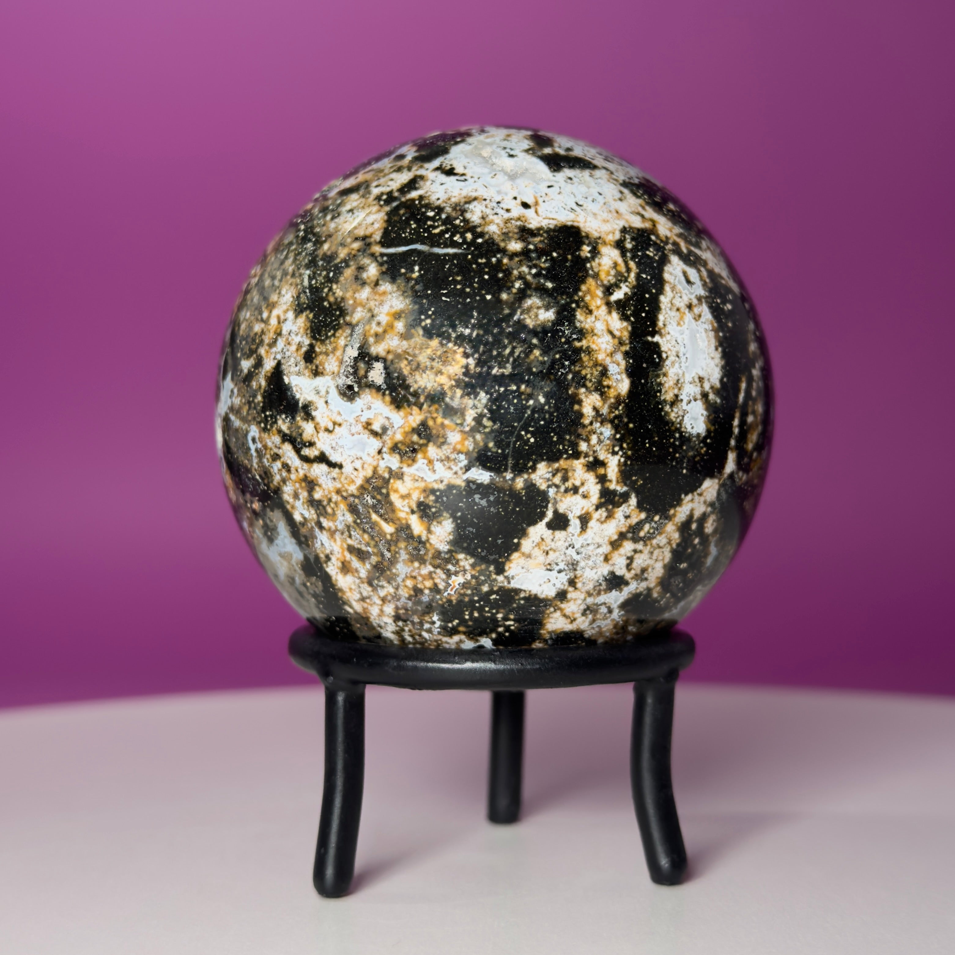 Sea Jasper Sphere on Black Wrought Iron Stand | Collector Display