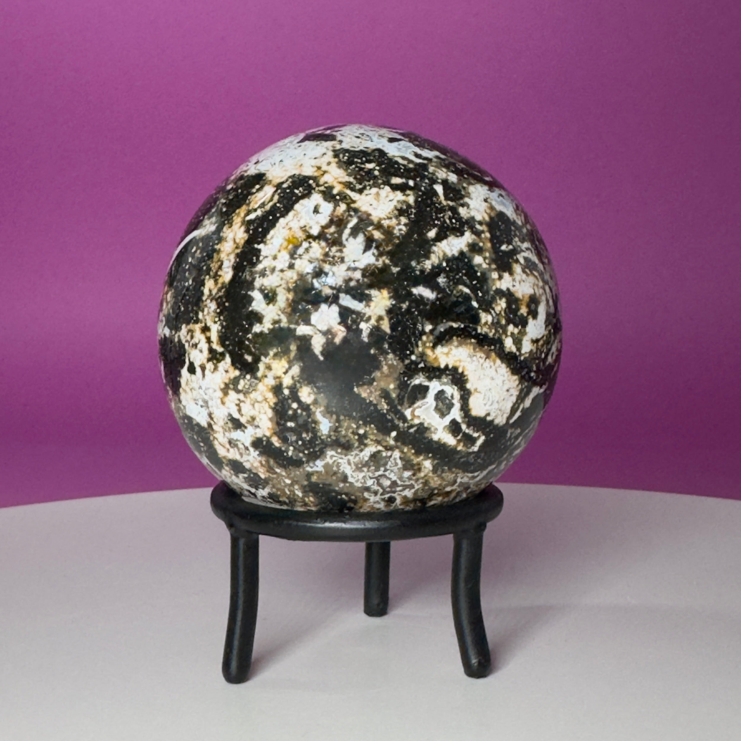 Sea Jasper Sphere on Black Wrought Iron Stand | Collector Display