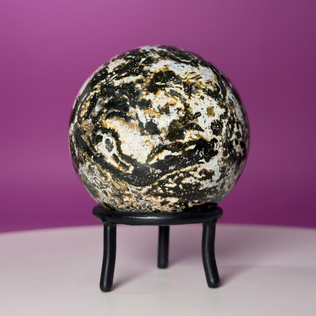 Sea Jasper Sphere on Black Wrought Iron Stand | Collector Display