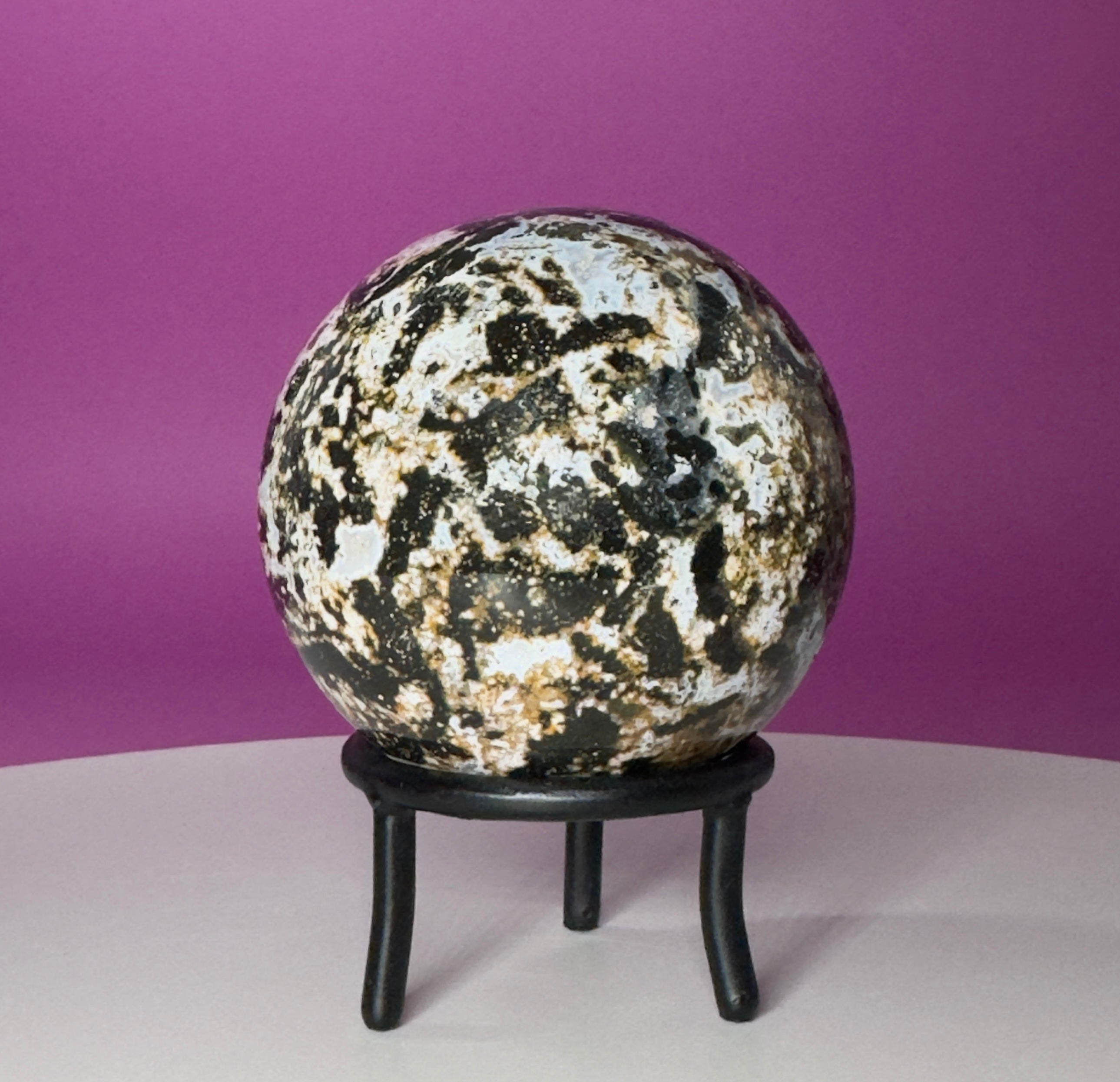 Sea Jasper Sphere on Black Wrought Iron Stand | Collector Display