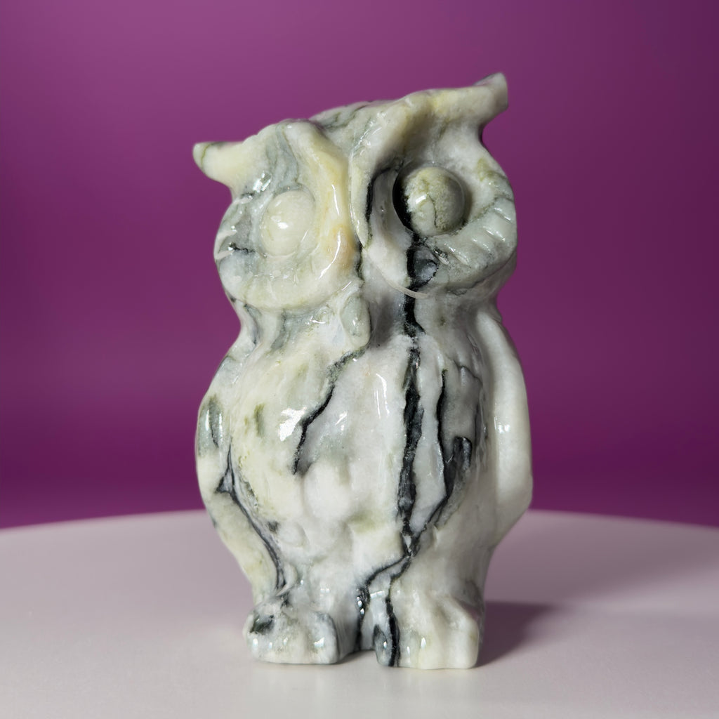 Large Serpentine with Quartz Owl Carving