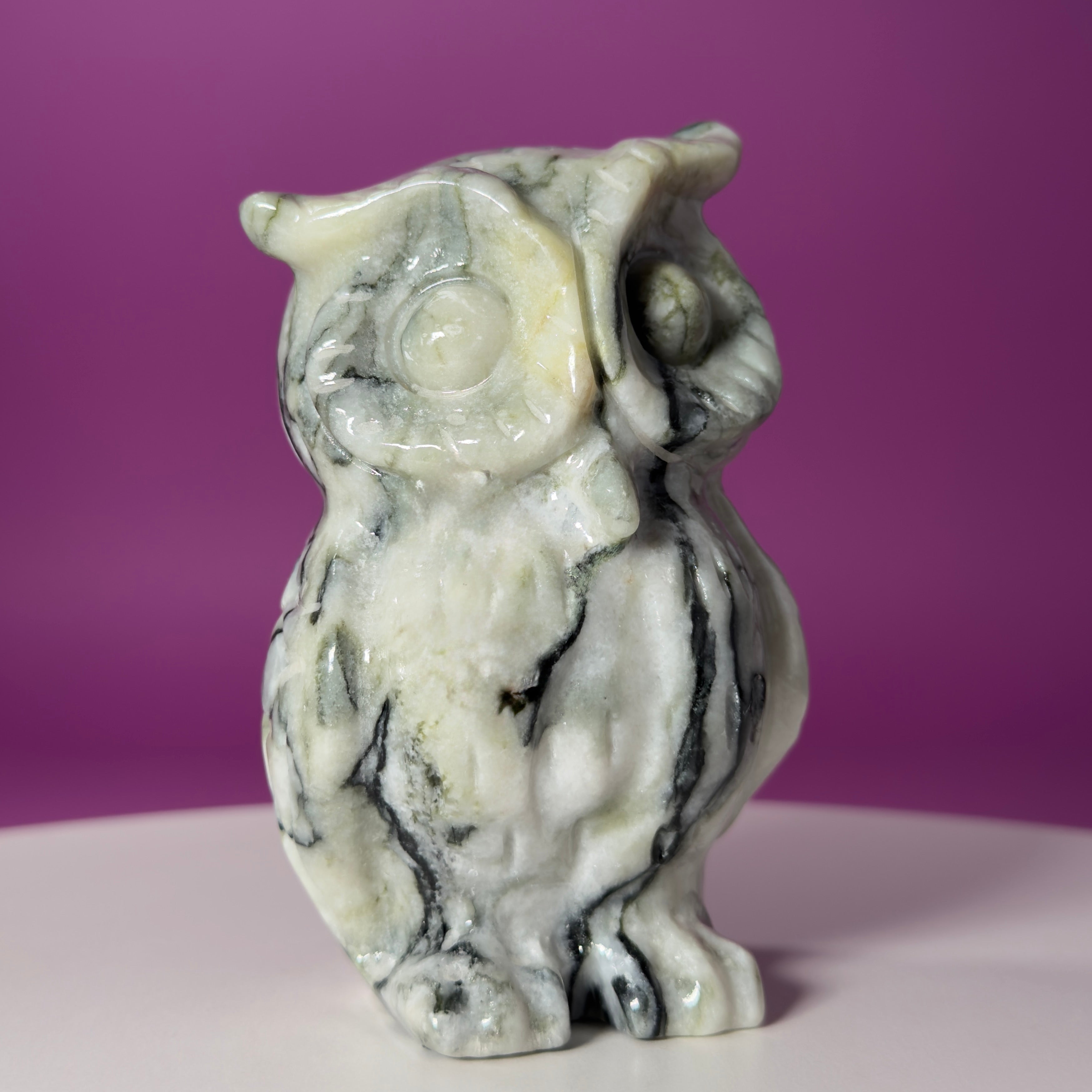 Large Serpentine with Quartz Owl Carving