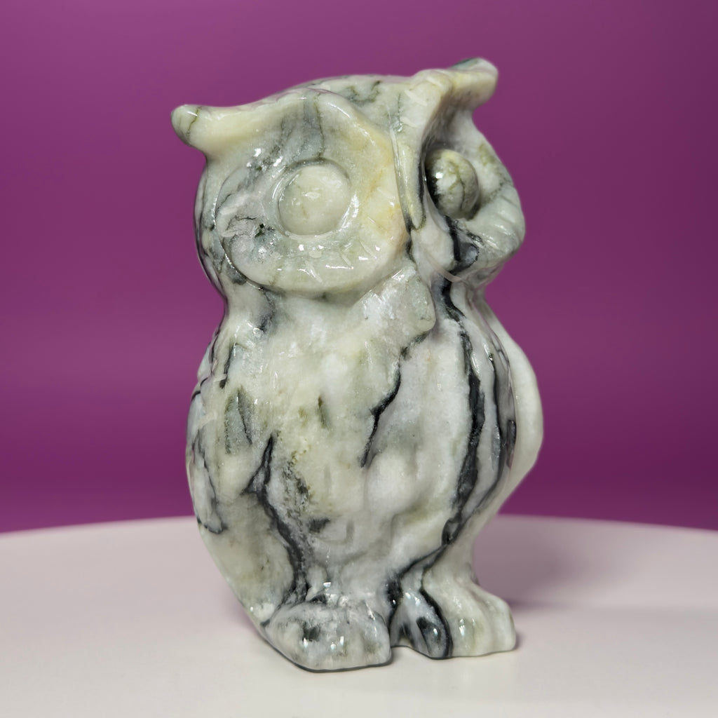 Large Serpentine with Quartz Owl Carving