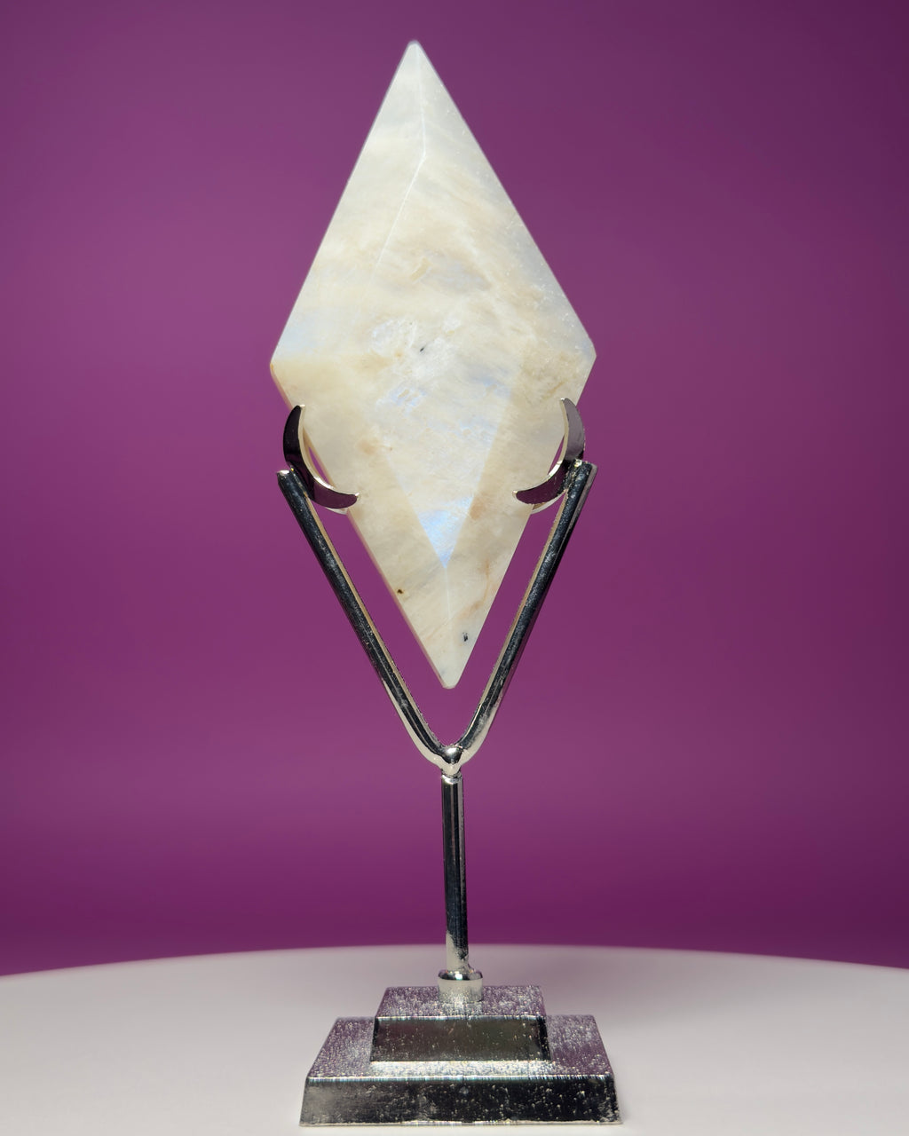 Blue Moonstone Diamond Carving with Silver Stand