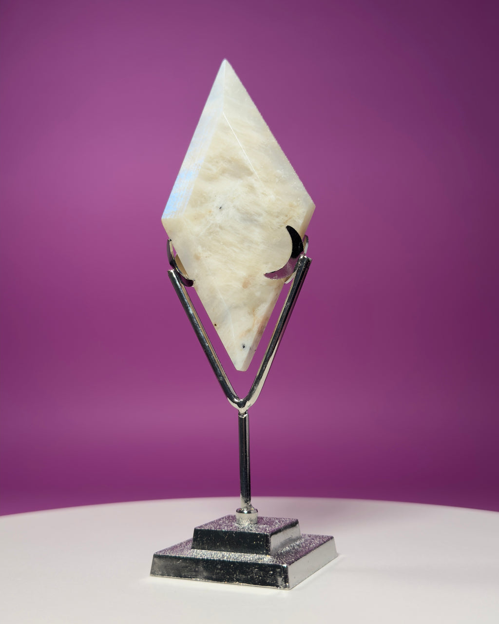 Blue Moonstone Diamond Carving with Silver Stand