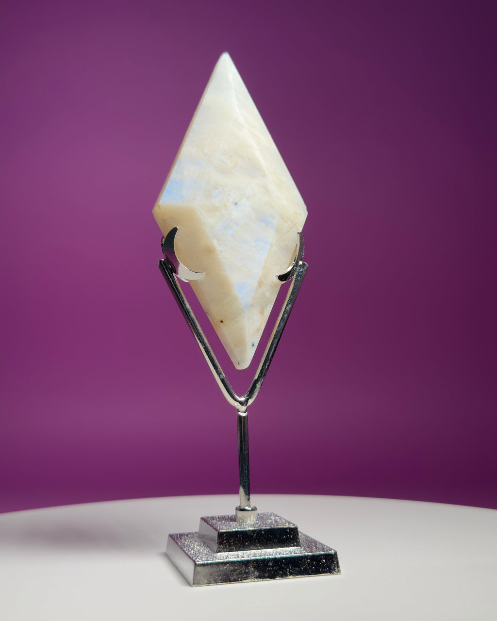 Blue Moonstone Diamond Carving with Silver Stand