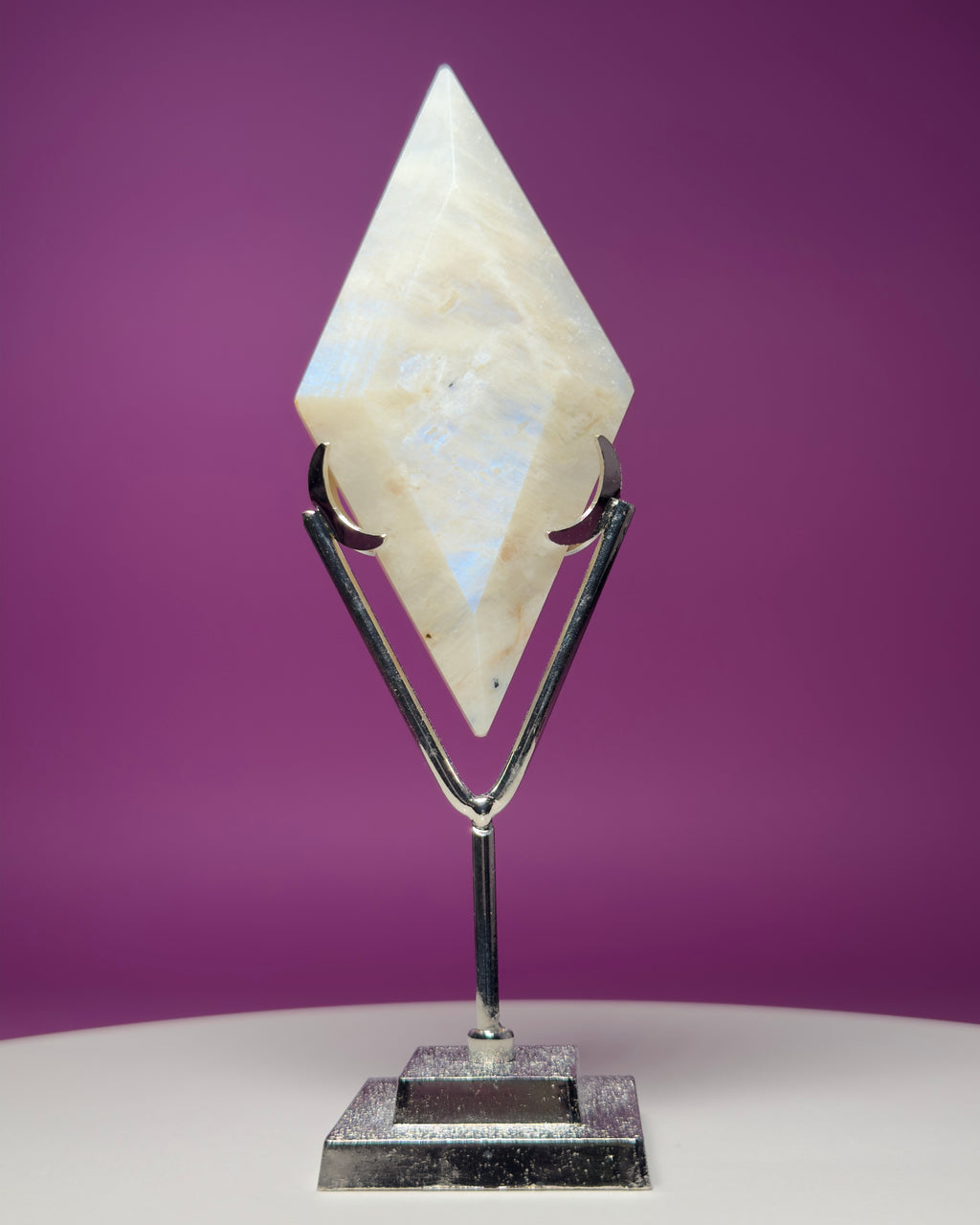 Blue Moonstone Diamond Carving with Silver Stand