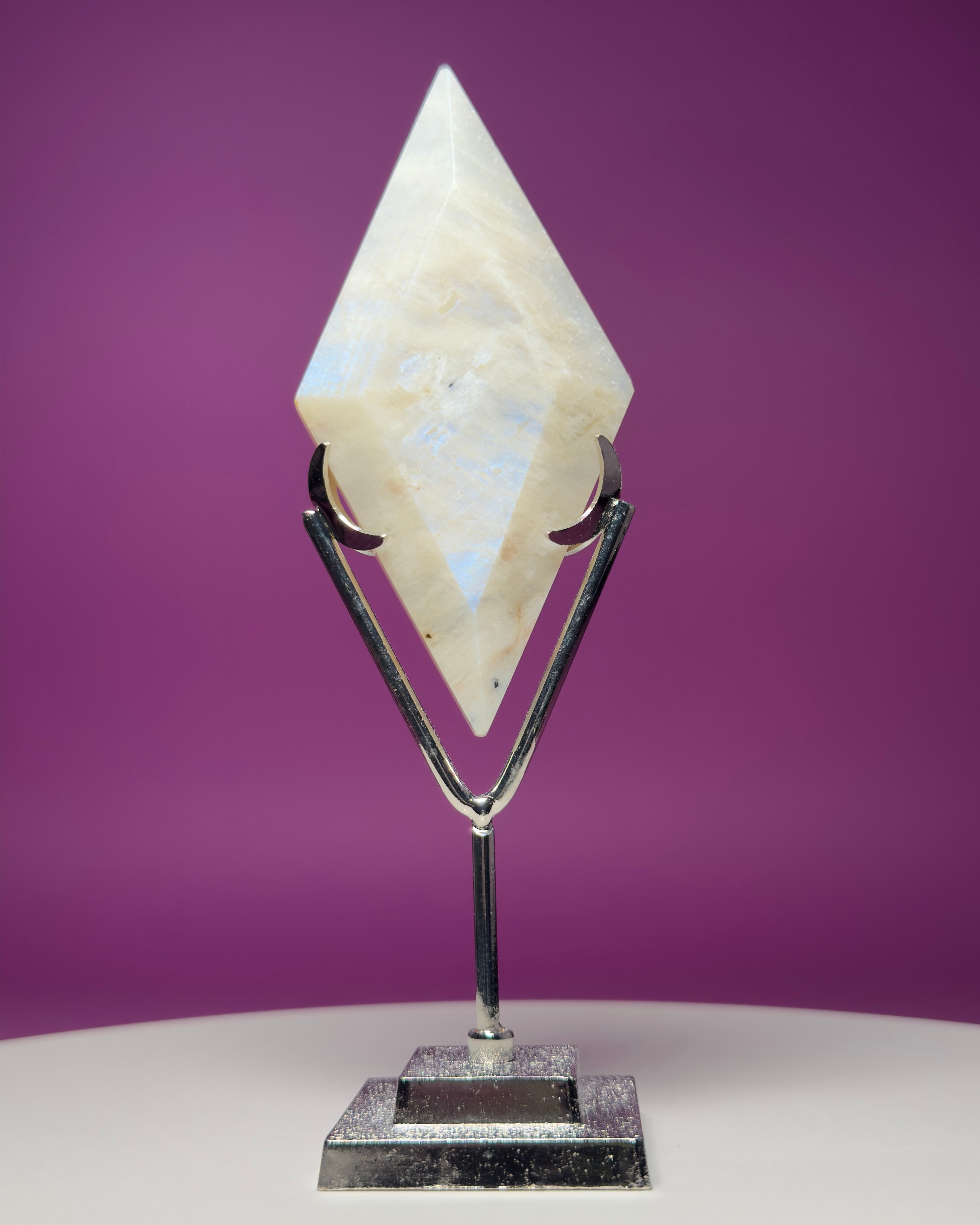 Blue Moonstone Diamond Carving with Silver Stand