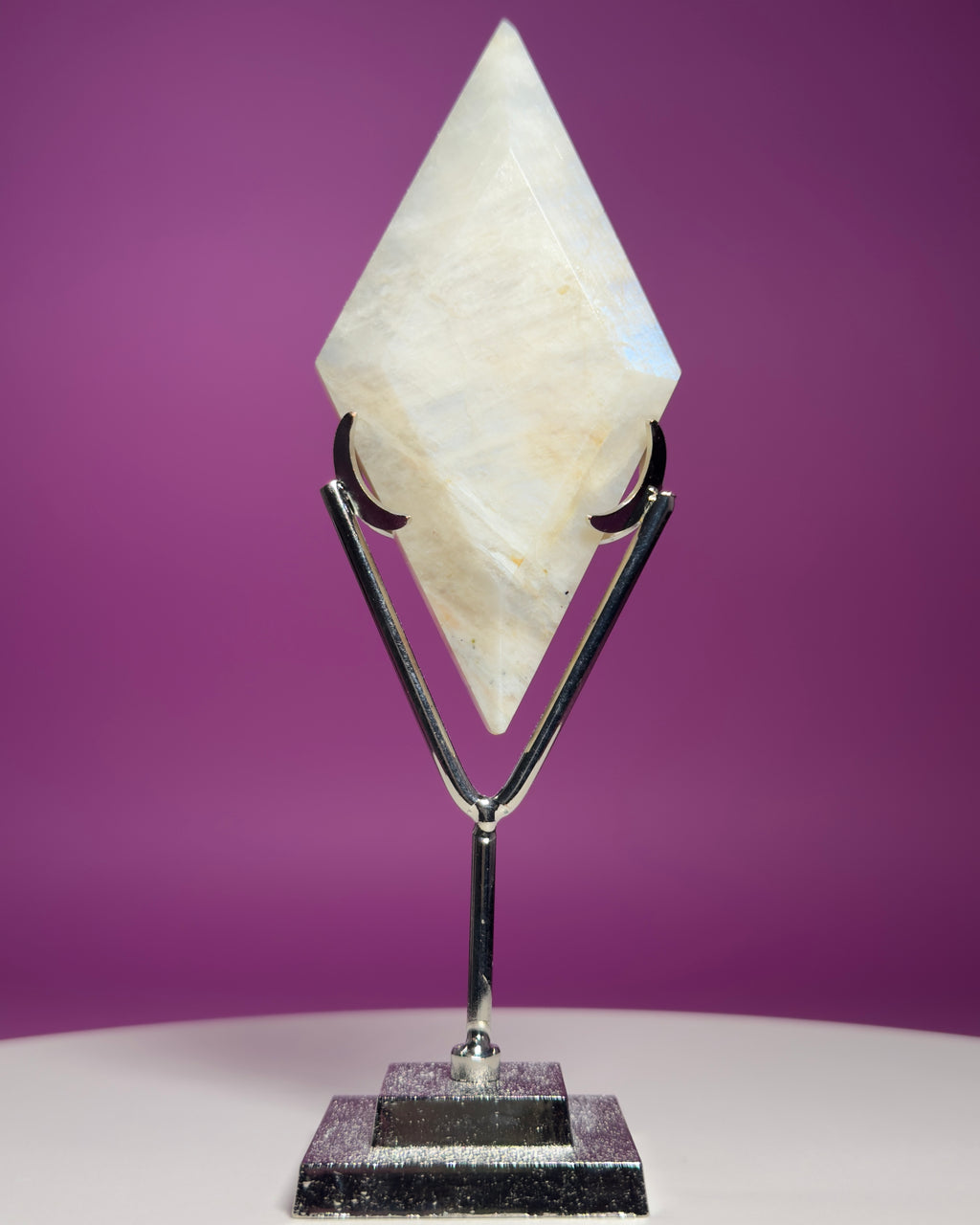 Blue Moonstone Diamond Carving with Silver Stand