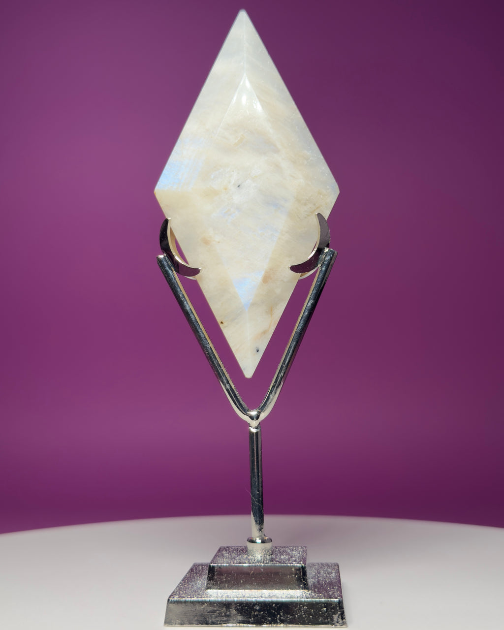 Blue Moonstone Diamond Carving with Silver Stand