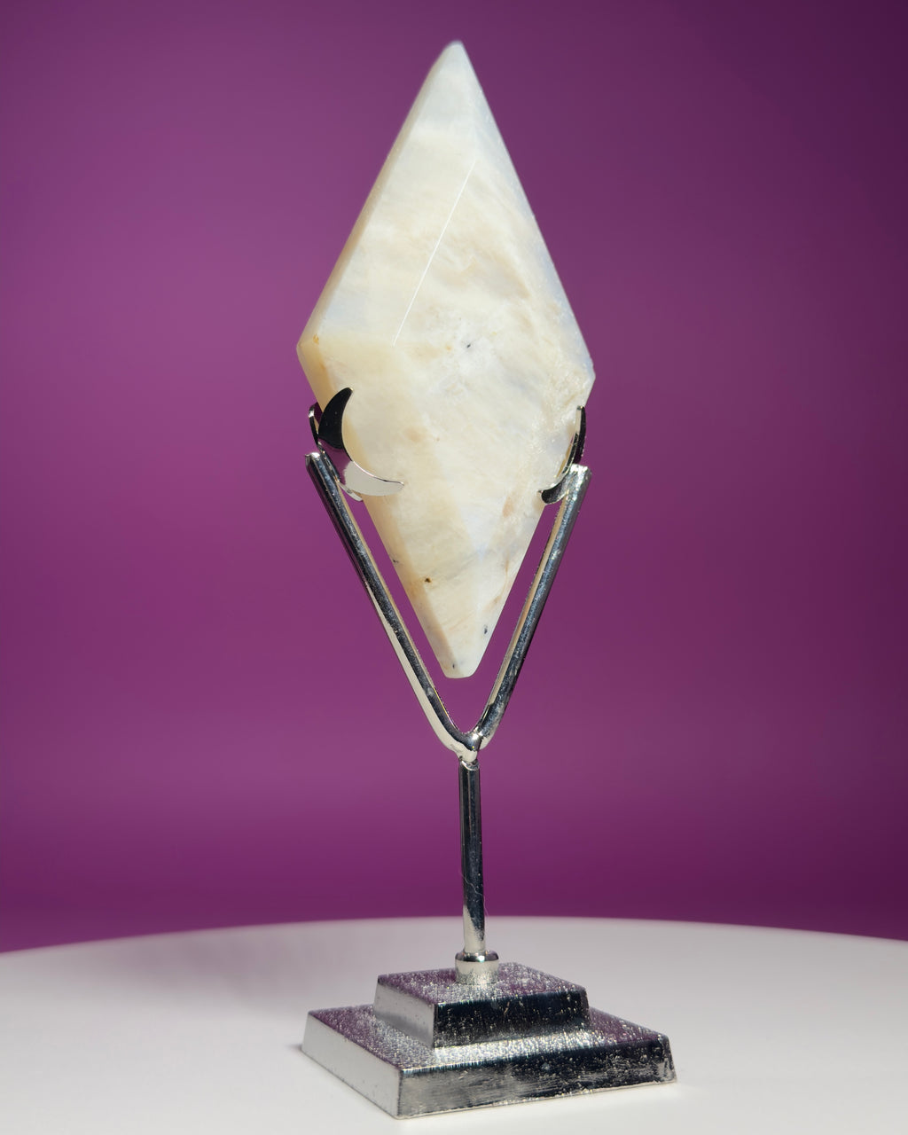 Blue Moonstone Diamond Carving with Silver Stand