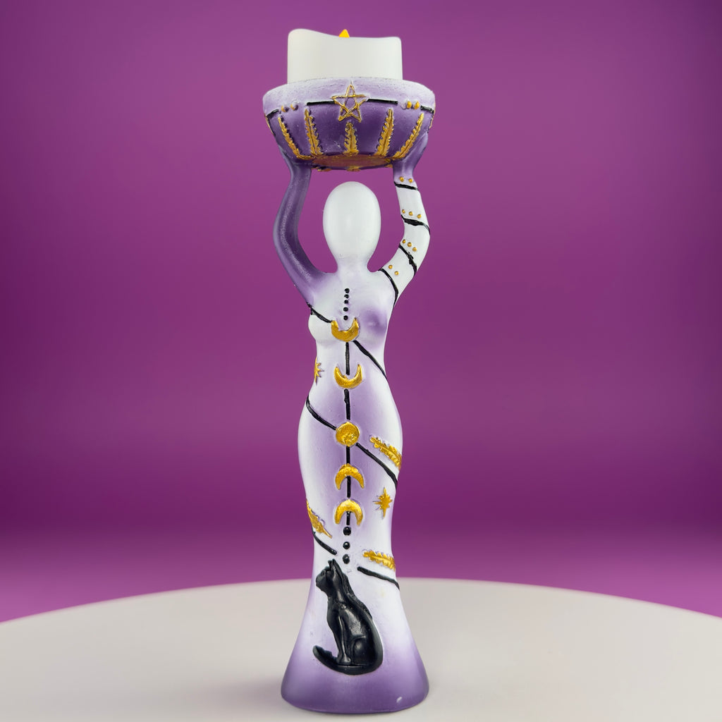 Moon Goddess Sphere Display Stand | Purple & White Polyresin | Holds Approximately 2" Crystal Spheres | LED Timer Tea Light Included
