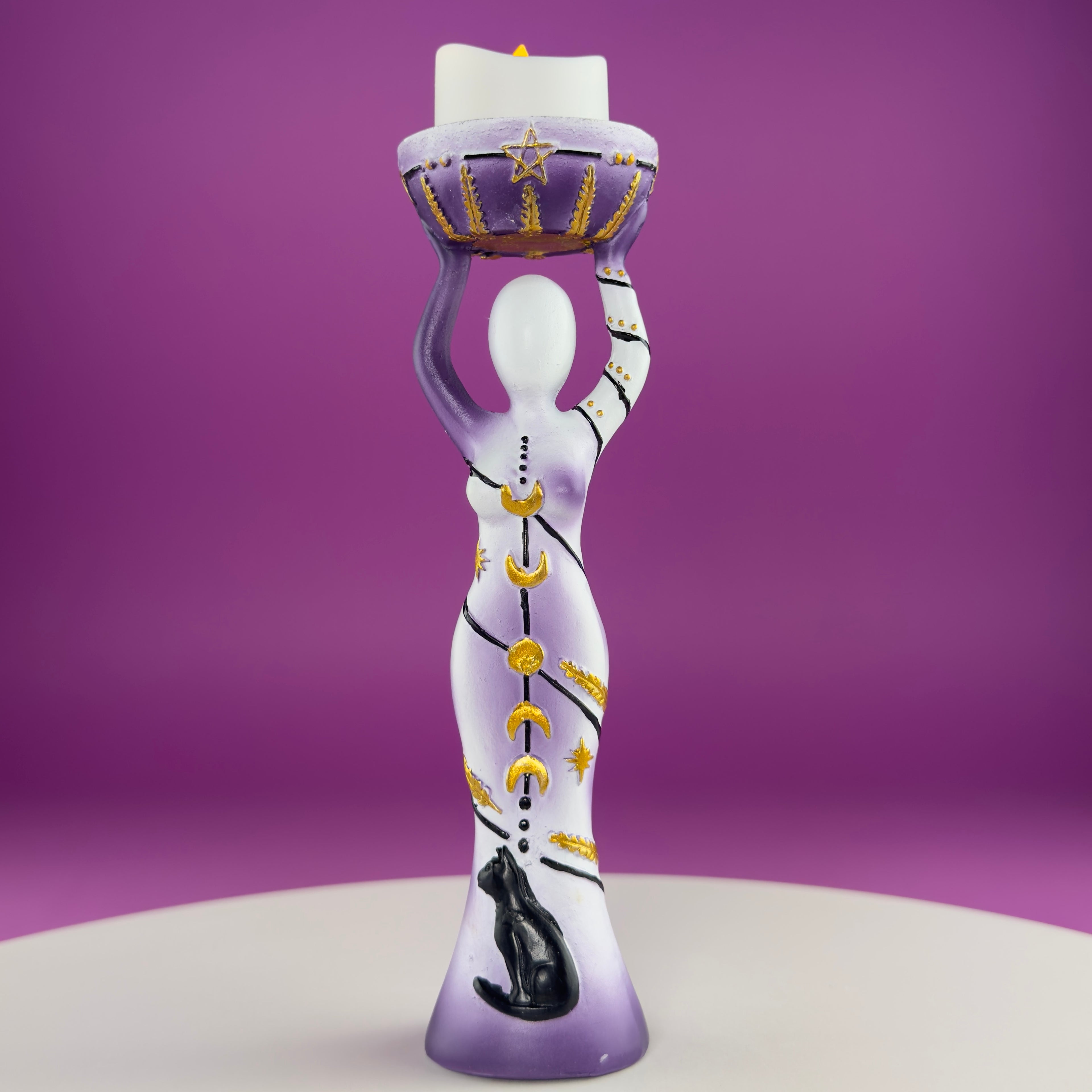 Moon Goddess Sphere Display Stand | Purple & White Polyresin | Holds Approximately 2" Crystal Spheres | LED Timer Tea Light Included