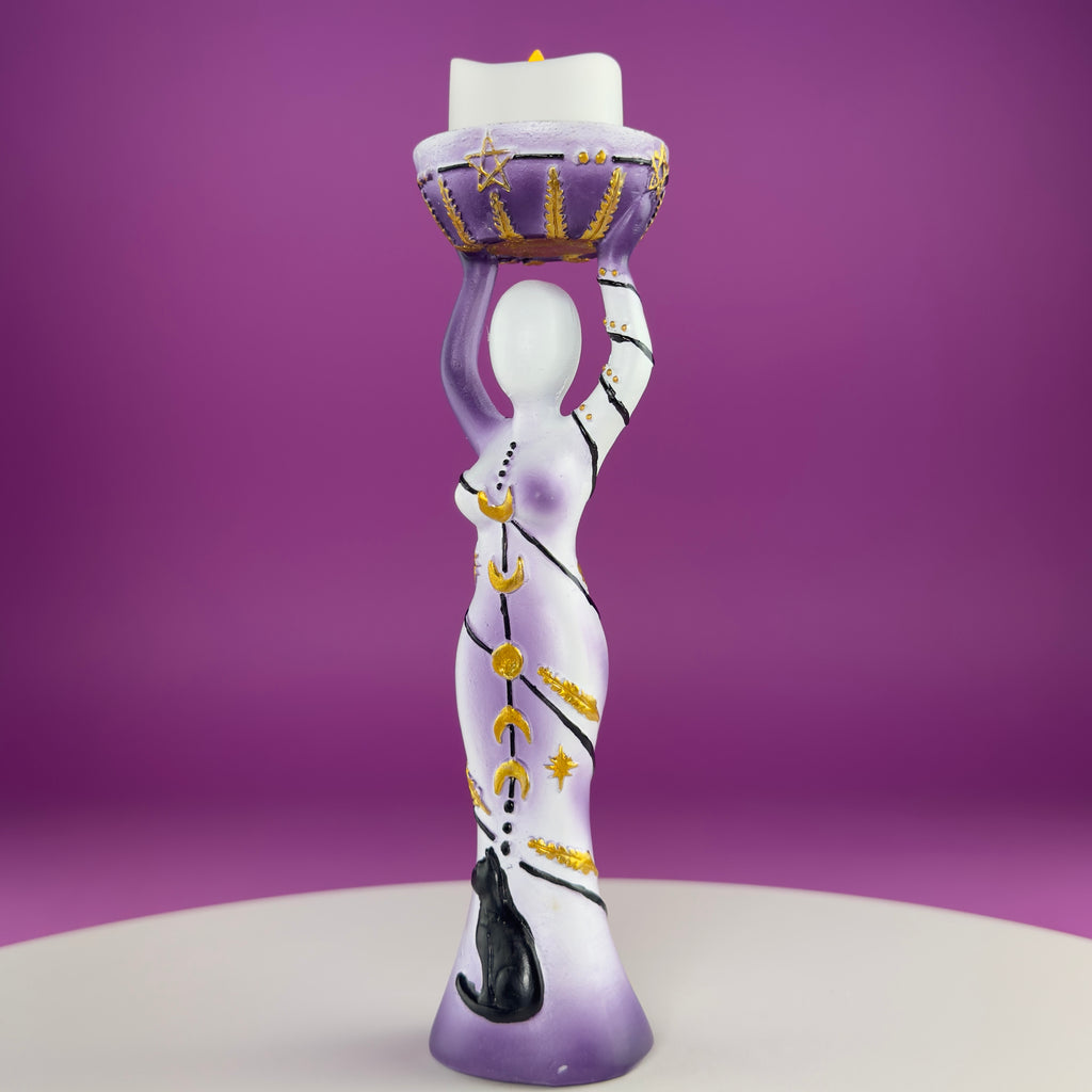 Moon Goddess Sphere Display Stand | Purple & White Polyresin | Holds Approximately 2" Crystal Spheres | LED Timer Tea Light Included