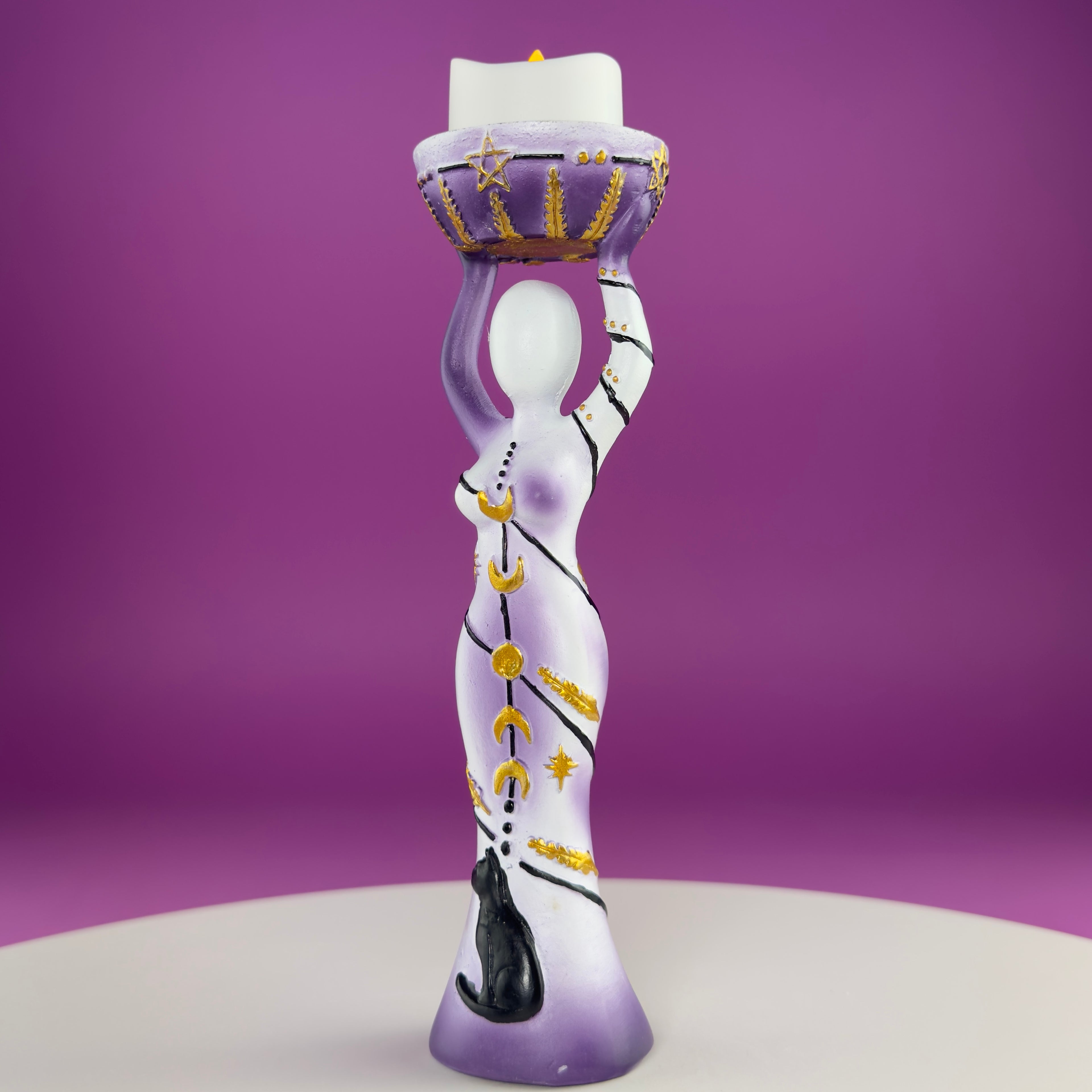 Moon Goddess Sphere Display Stand | Purple & White Polyresin | Holds Approximately 2" Crystal Spheres | LED Timer Tea Light Included