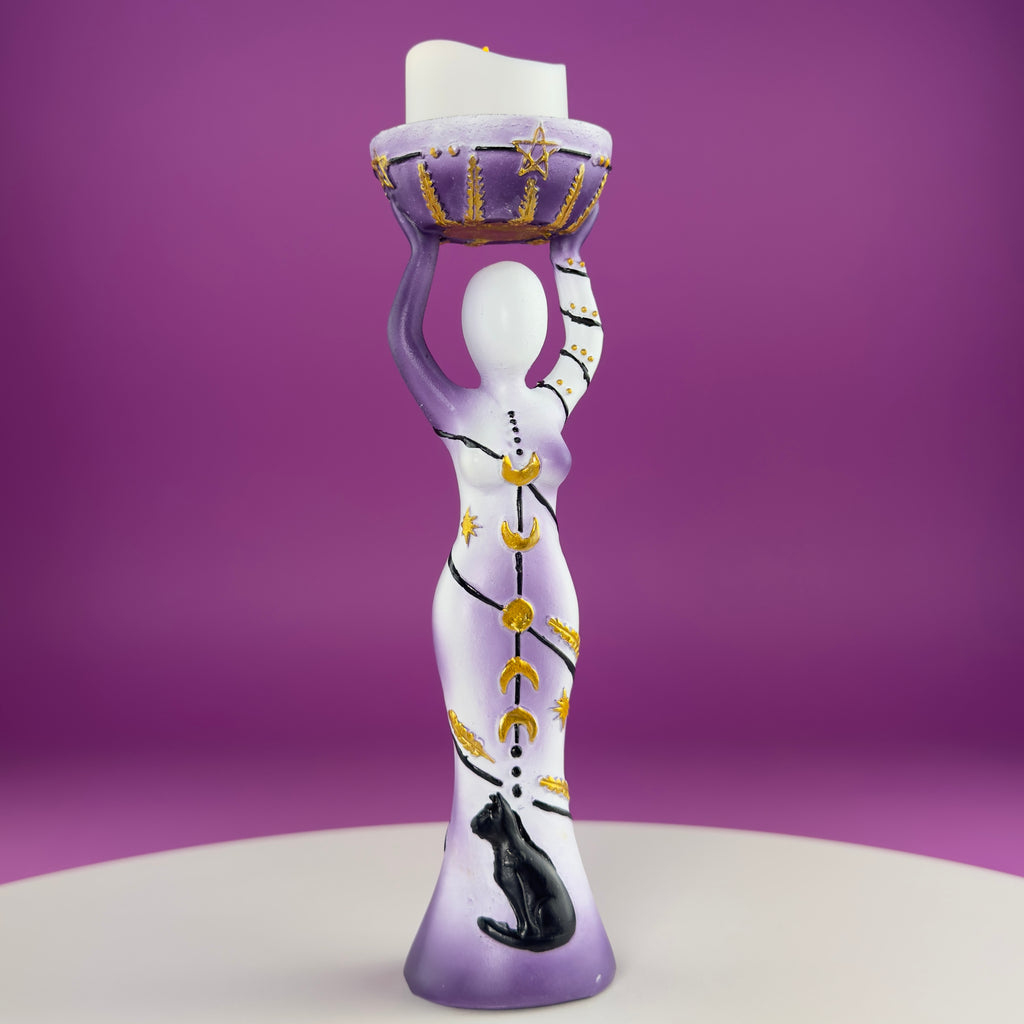 Moon Goddess Sphere Display Stand | Purple & White Polyresin | Holds Approximately 2" Crystal Spheres | LED Timer Tea Light Included