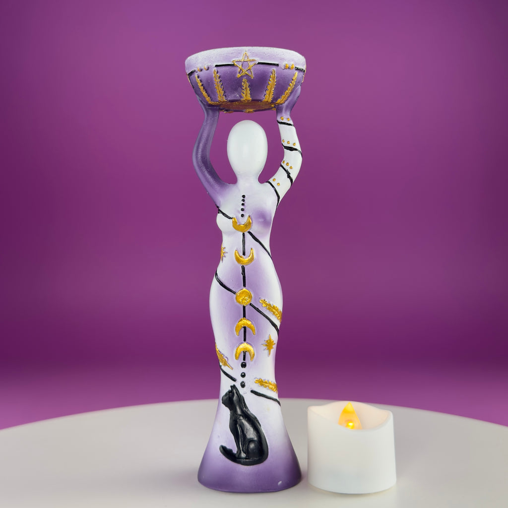 Moon Goddess Sphere Display Stand | Purple & White Polyresin | Holds Approximately 2" Crystal Spheres | LED Timer Tea Light Included