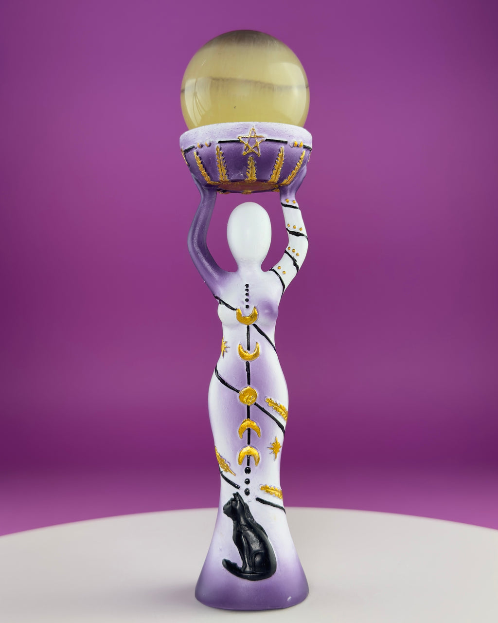 Moon Goddess Sphere Display Stand | Purple & White Polyresin | Holds Approximately 2" Crystal Spheres | LED Timer Tea Light Included