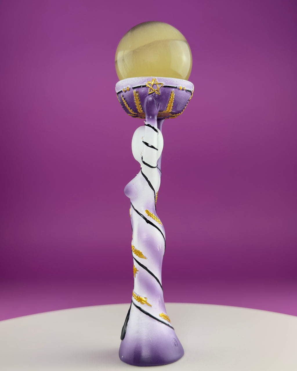 Moon Goddess Sphere Display Stand | Purple & White Polyresin | Holds Approximately 2" Crystal Spheres | LED Timer Tea Light Included
