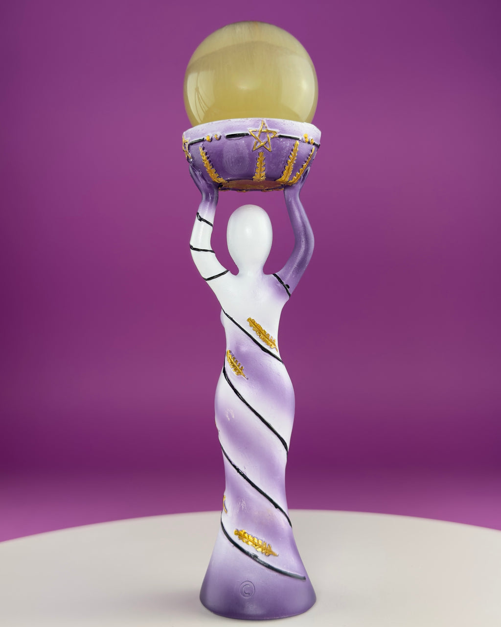 Moon Goddess Sphere Display Stand | Purple & White Polyresin | Holds Approximately 2" Crystal Spheres | LED Timer Tea Light Included
