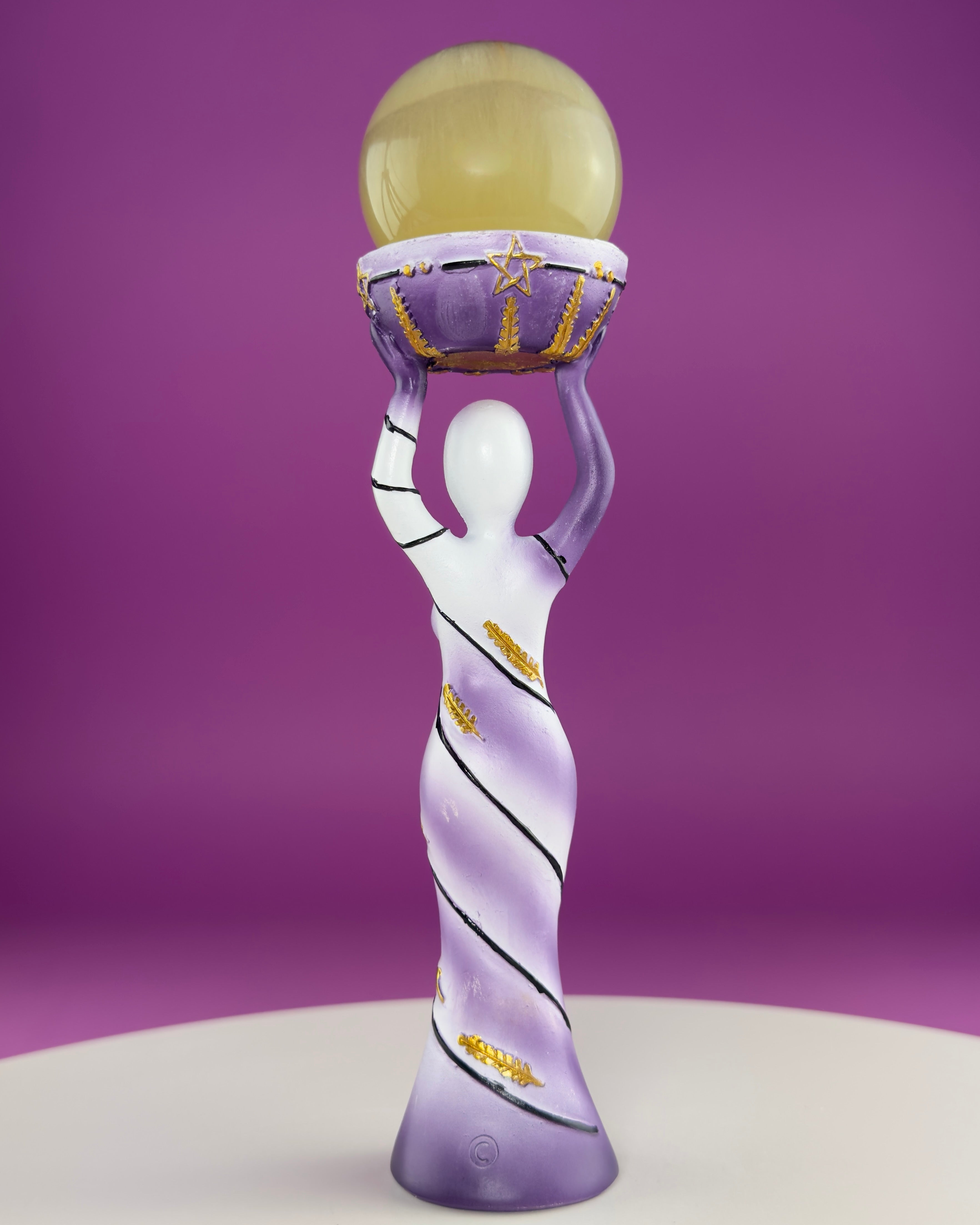 Moon Goddess Sphere Display Stand | Purple & White Polyresin | Holds Approximately 2" Crystal Spheres | LED Timer Tea Light Included
