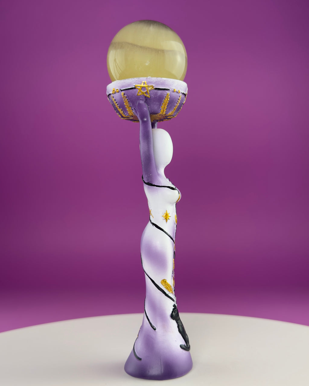 Moon Goddess Sphere Display Stand | Purple & White Polyresin | Holds Approximately 2" Crystal Spheres | LED Timer Tea Light Included
