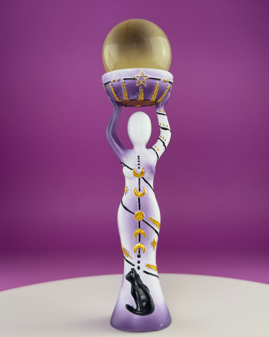 Moon Goddess Sphere Display Stand | Purple & White Polyresin | Holds Approximately 2" Crystal Spheres | LED Timer Tea Light Included
