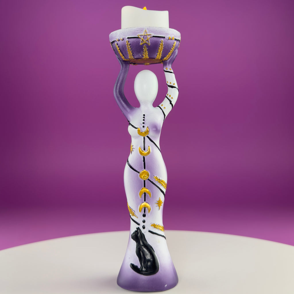 Moon Goddess Sphere Display Stand | Purple & White Polyresin | Holds Approximately 2" Crystal Spheres | LED Timer Tea Light Included