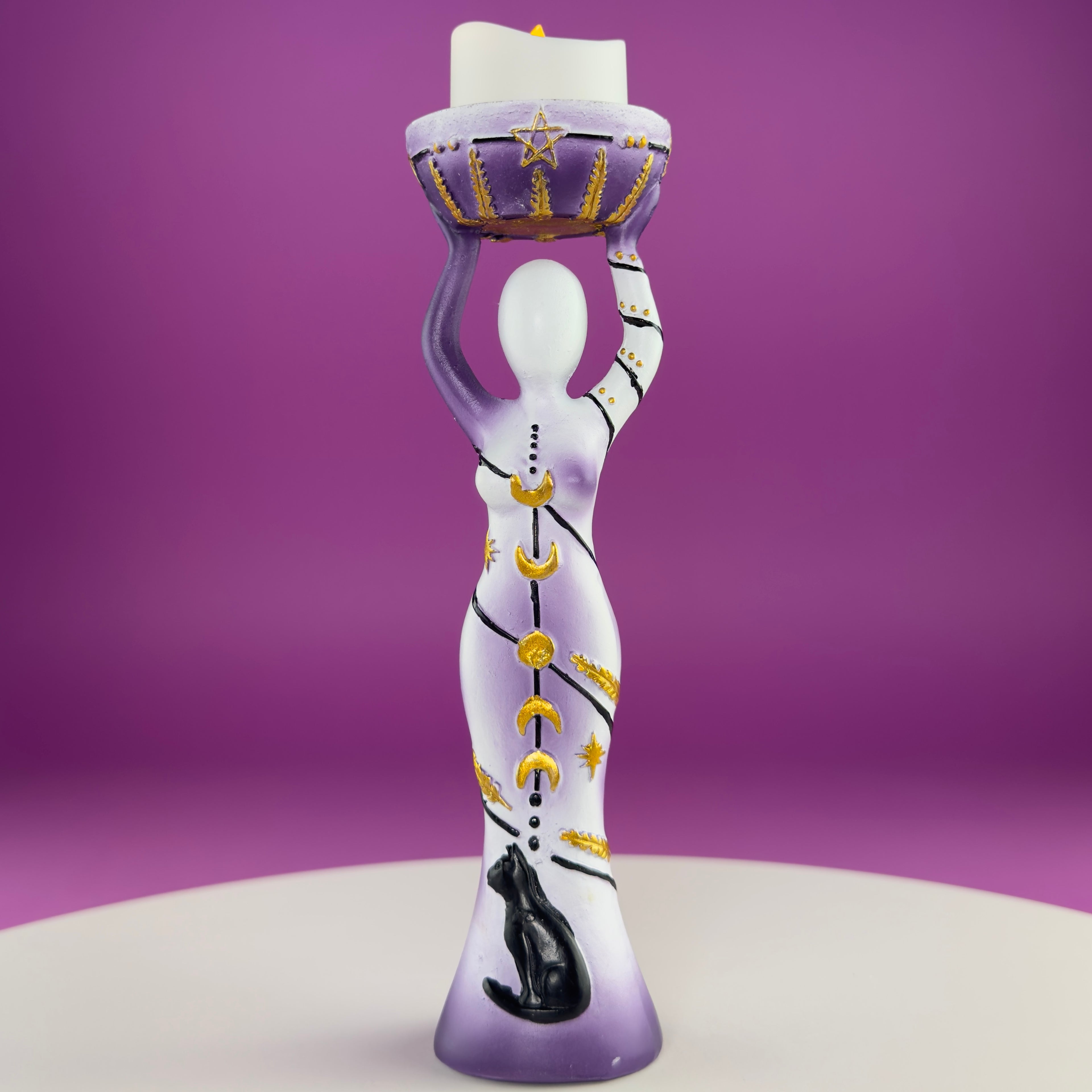 Moon Goddess Sphere Display Stand | Purple & White Polyresin | Holds Approximately 2" Crystal Spheres | LED Timer Tea Light Included