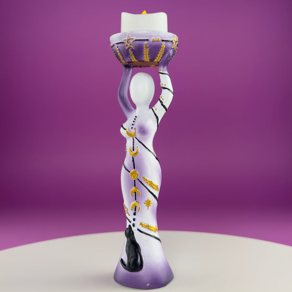 Moon Goddess Sphere Display Stand | Purple & White Polyresin | Holds Approximately 2" Crystal Spheres | LED Timer Tea Light Included
