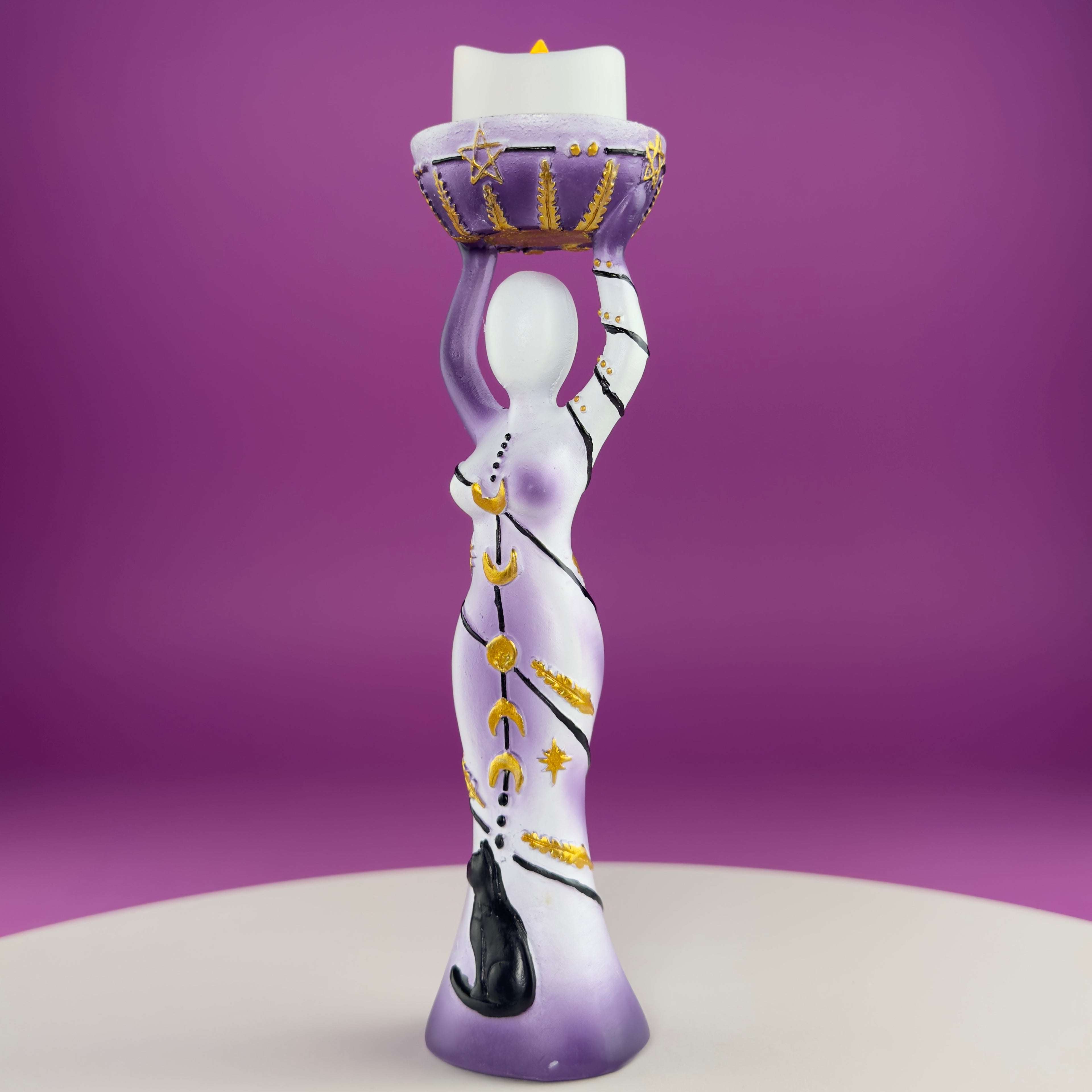 Moon Goddess Sphere Display Stand | Purple & White Polyresin | Holds Approximately 2" Crystal Spheres | LED Timer Tea Light Included