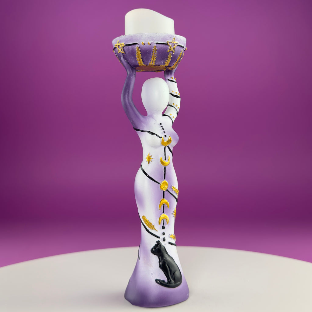 Moon Goddess Sphere Display Stand | Purple & White Polyresin | Holds Approximately 2" Crystal Spheres | LED Timer Tea Light Included