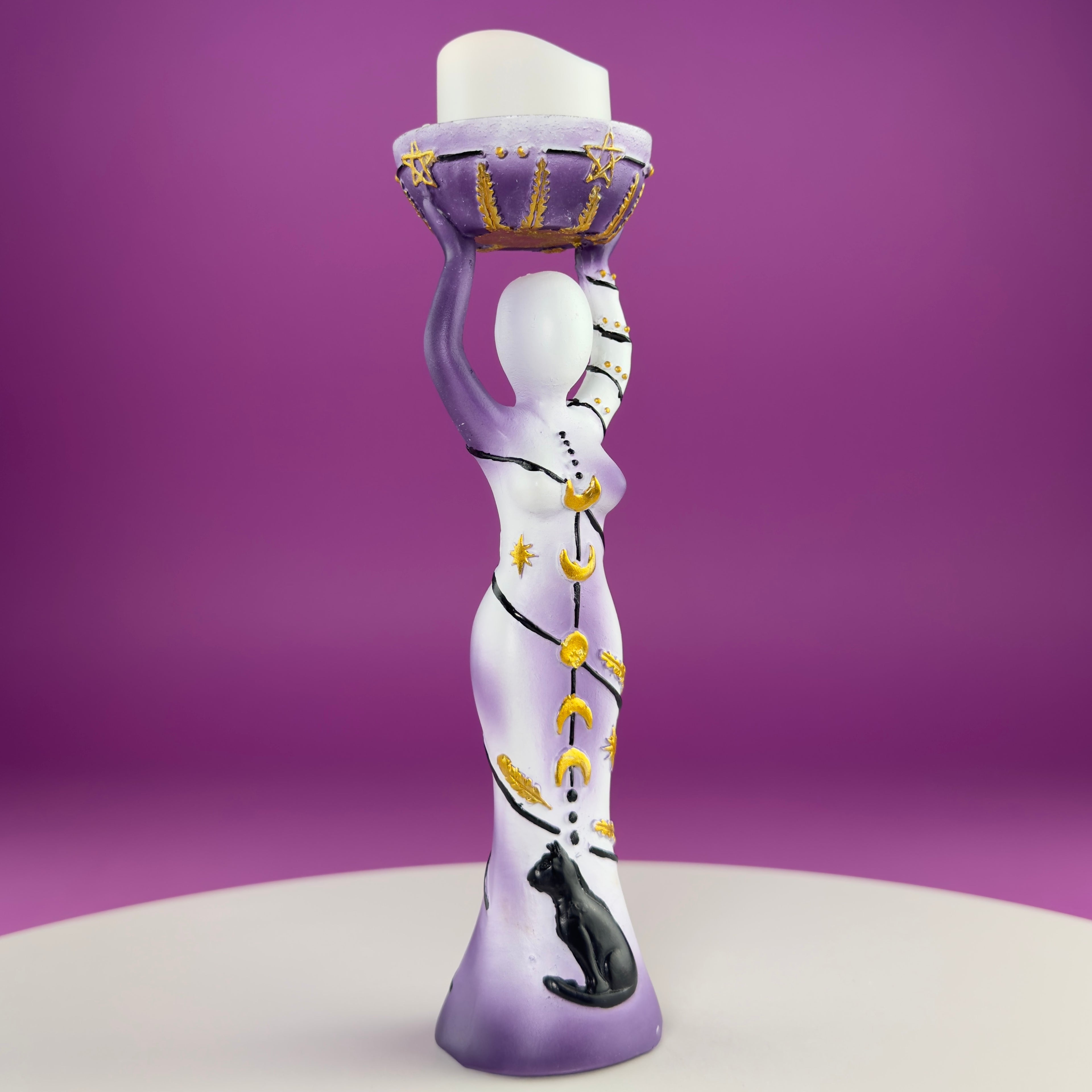 Moon Goddess Sphere Display Stand | Purple & White Polyresin | Holds Approximately 2" Crystal Spheres | LED Timer Tea Light Included