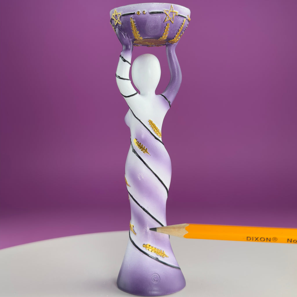 Moon Goddess Sphere Display Stand | Purple & White Polyresin | Holds Approximately 2" Crystal Spheres | LED Timer Tea Light Included