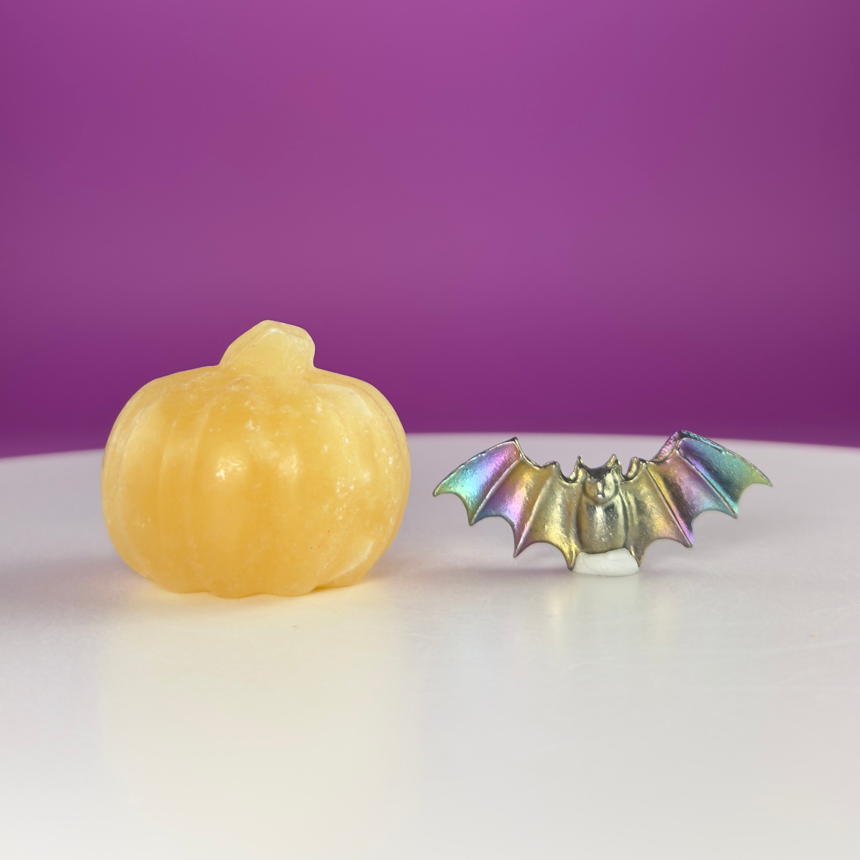 Orange Calcite Pumpkin & Aura Bismuth Bat Halloween Crystal Decor Set