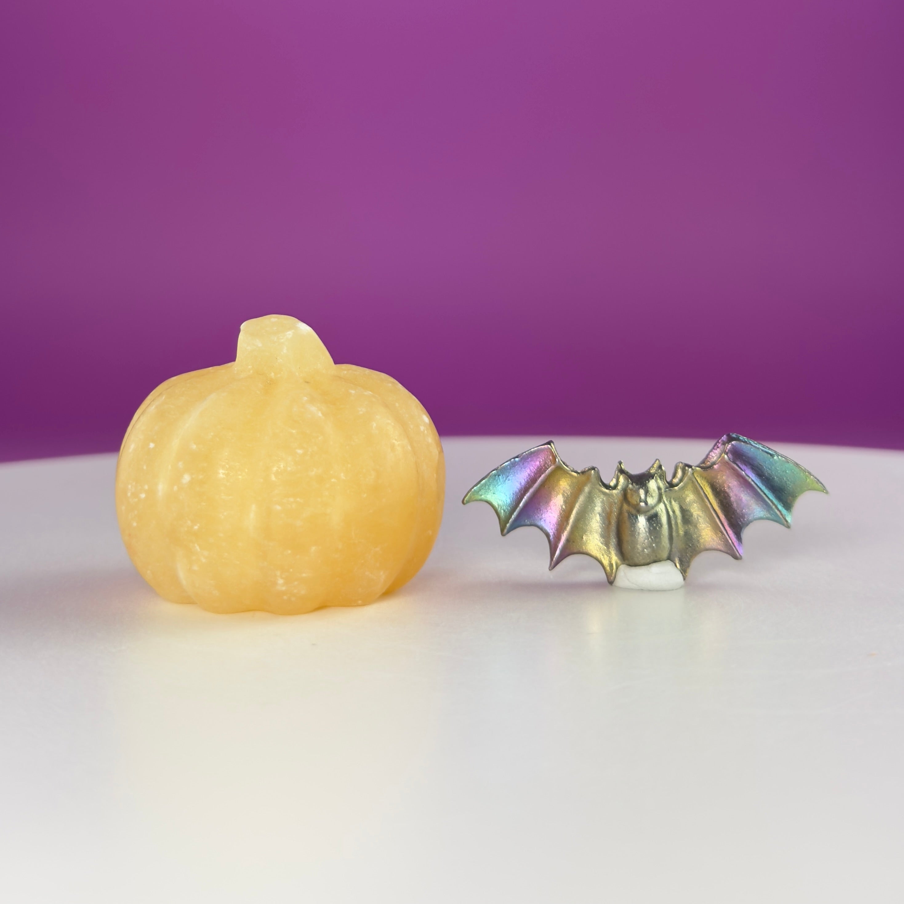 Orange Calcite Pumpkin & Aura Bismuth Bat Halloween Crystal Decor Set