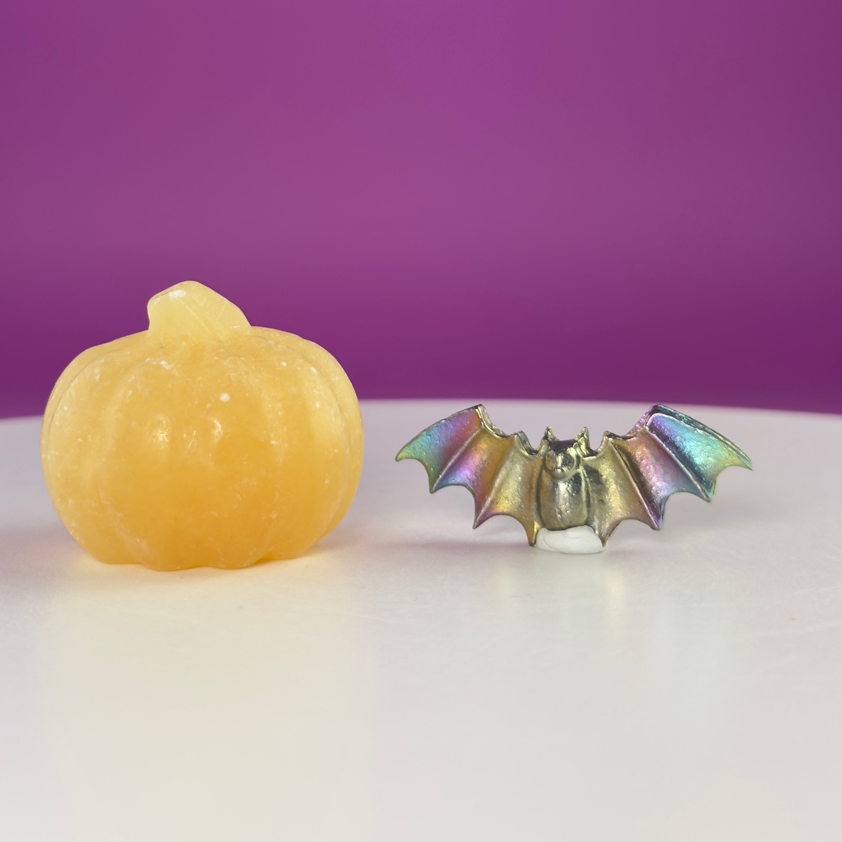 Orange Calcite Pumpkin & Aura Bismuth Bat Halloween Crystal Decor Set