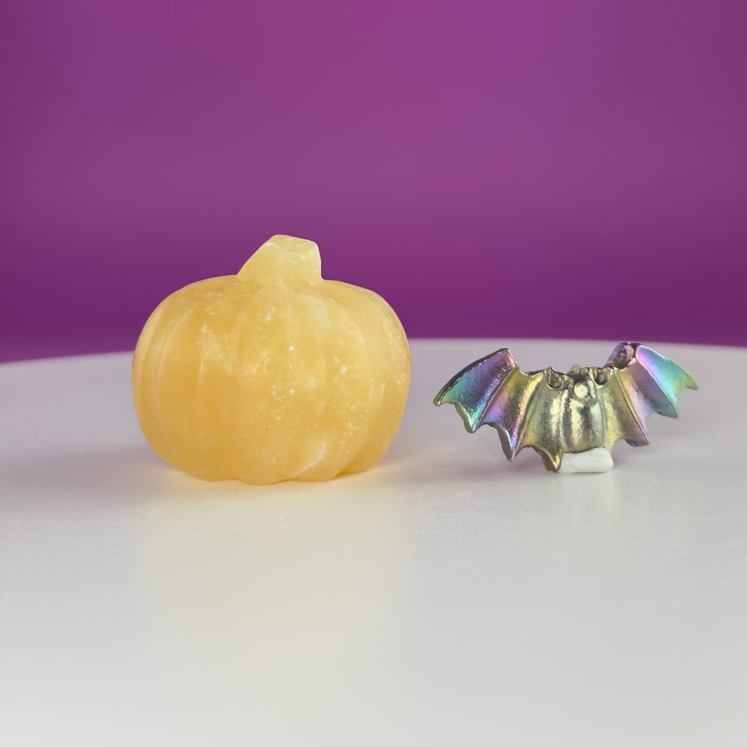 Orange Calcite Pumpkin & Aura Bismuth Bat Halloween Crystal Decor Set