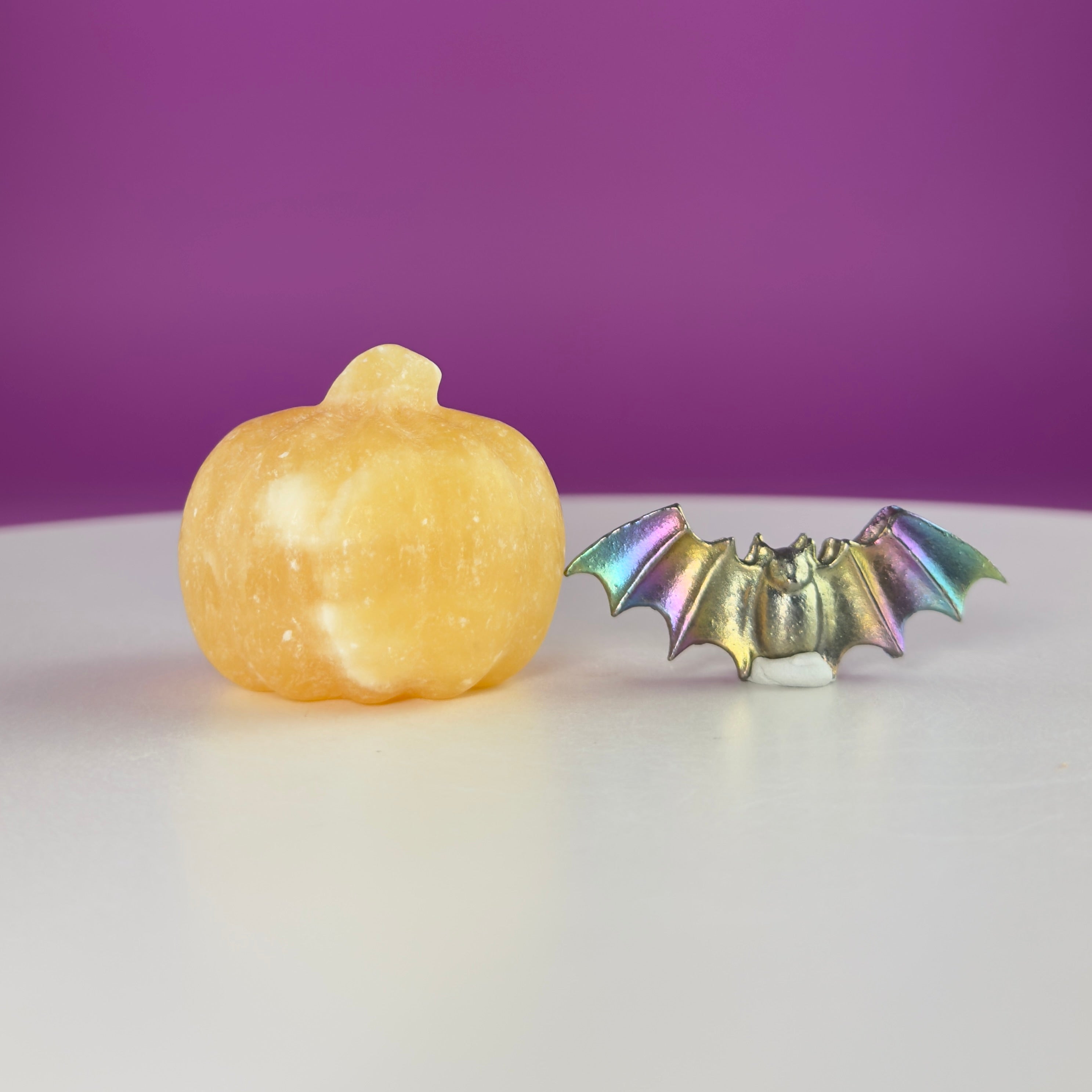 Orange Calcite Pumpkin & Aura Bismuth Bat Halloween Crystal Decor Set