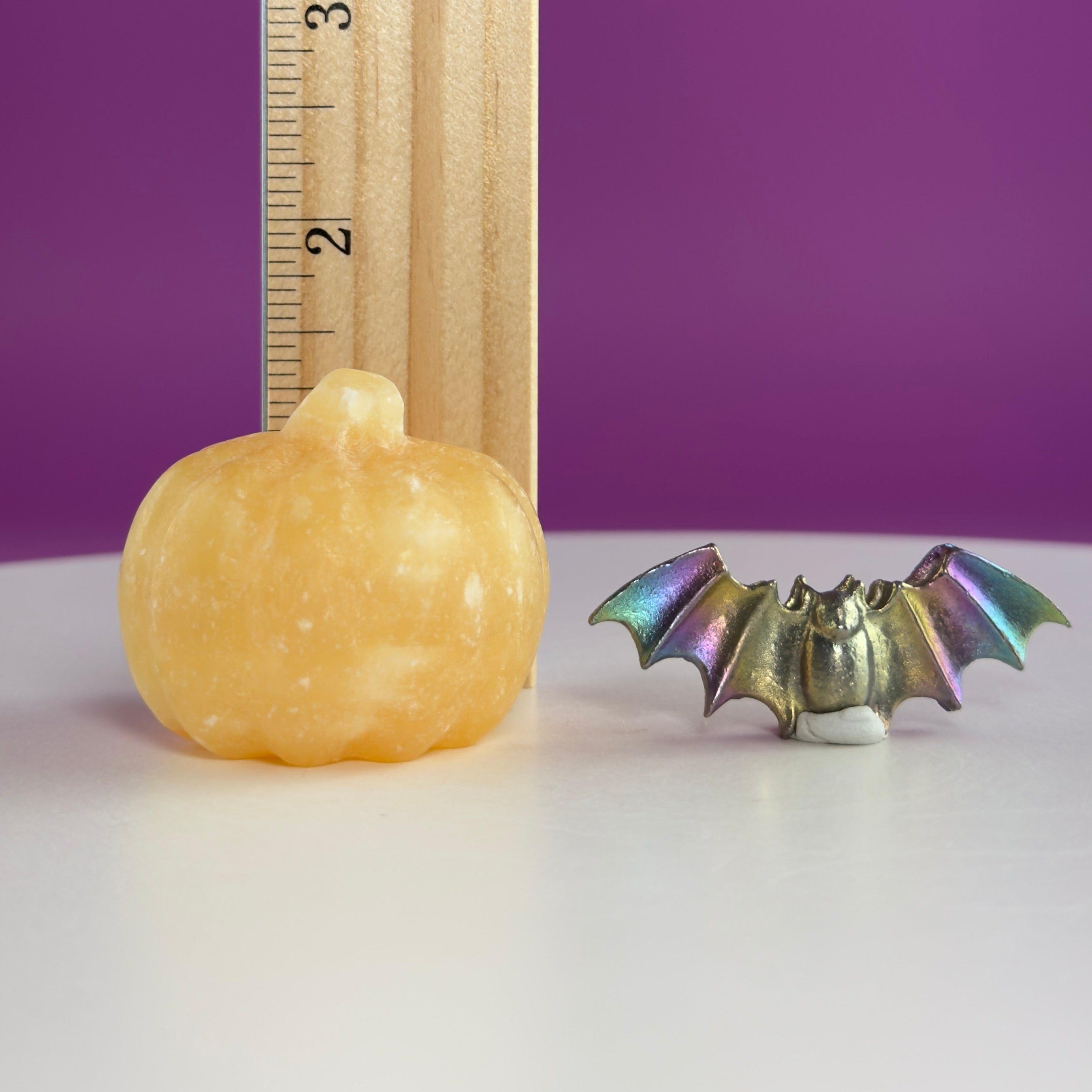 Orange Calcite Pumpkin & Aura Bismuth Bat Halloween Crystal Decor Set