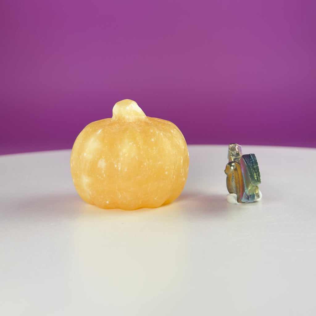 Orange Calcite Pumpkin & Aura Bismuth Bat Halloween Crystal Decor Set