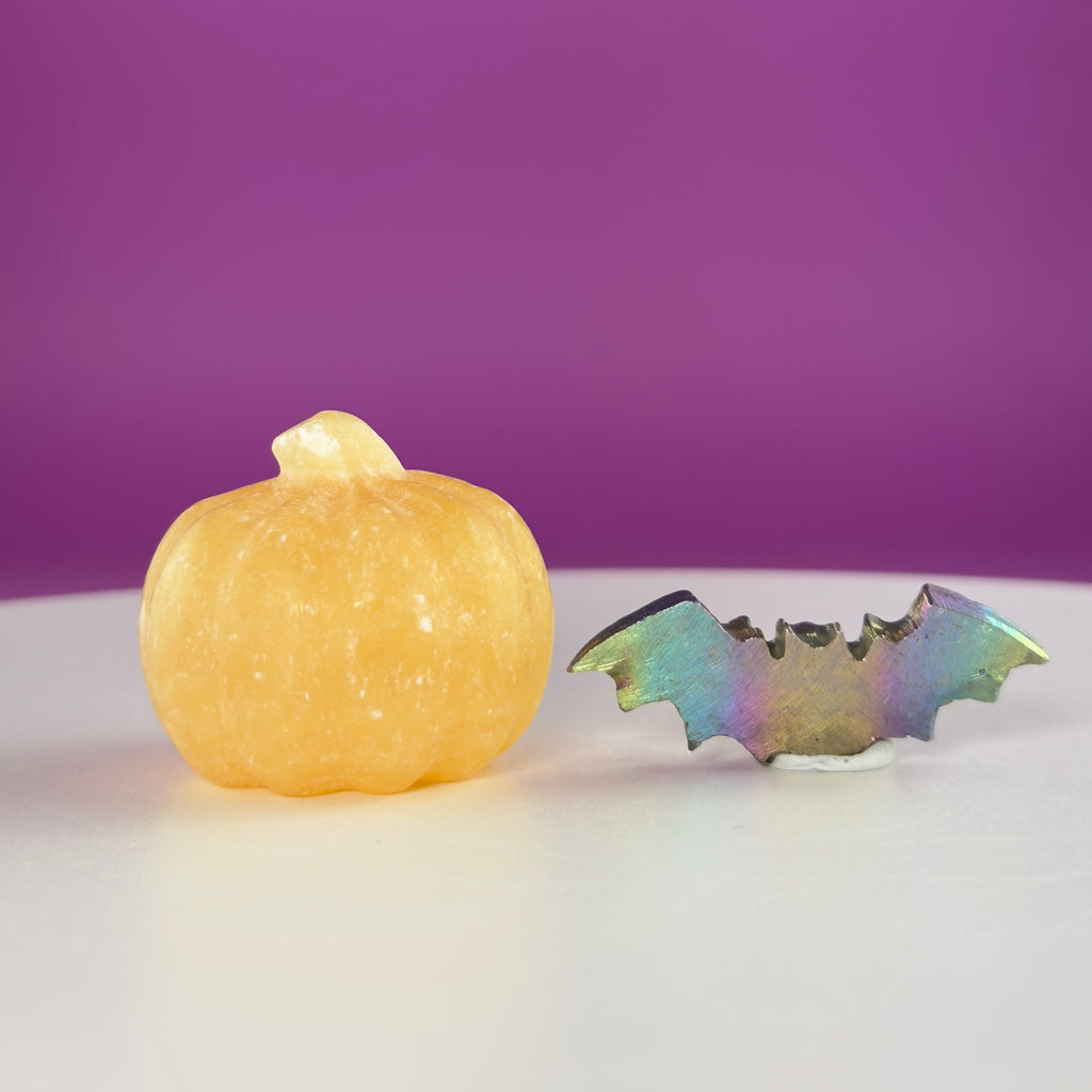Orange Calcite Pumpkin & Aura Bismuth Bat Halloween Crystal Decor Set